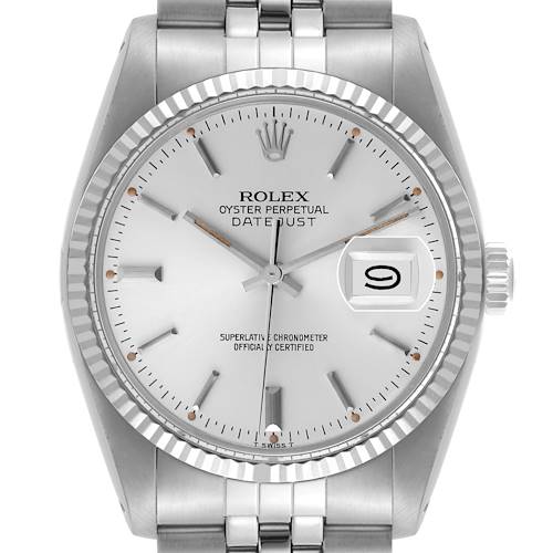 The Rolex Datejust watch is shown from a frontal angle, highlighting the dial, bezel, bracelet, and crown.