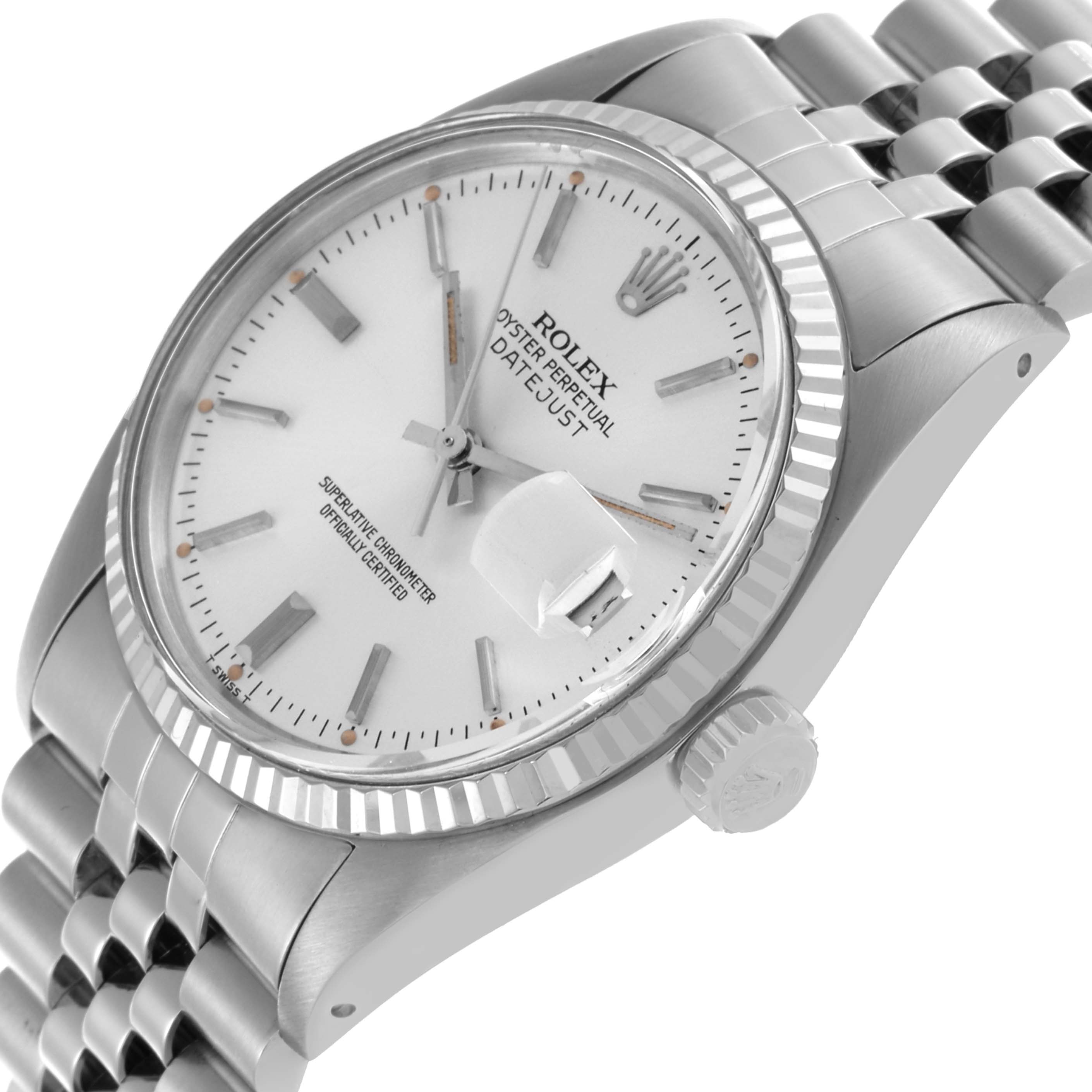 This image shows the Rolex Datejust 16014 Men's Stainless Steel Silver Dial 16014 Men's Stainless Steel Silver Dial watch from a slightly angled side view, highlighting the dial, bezel, and Jubilee bracelet.