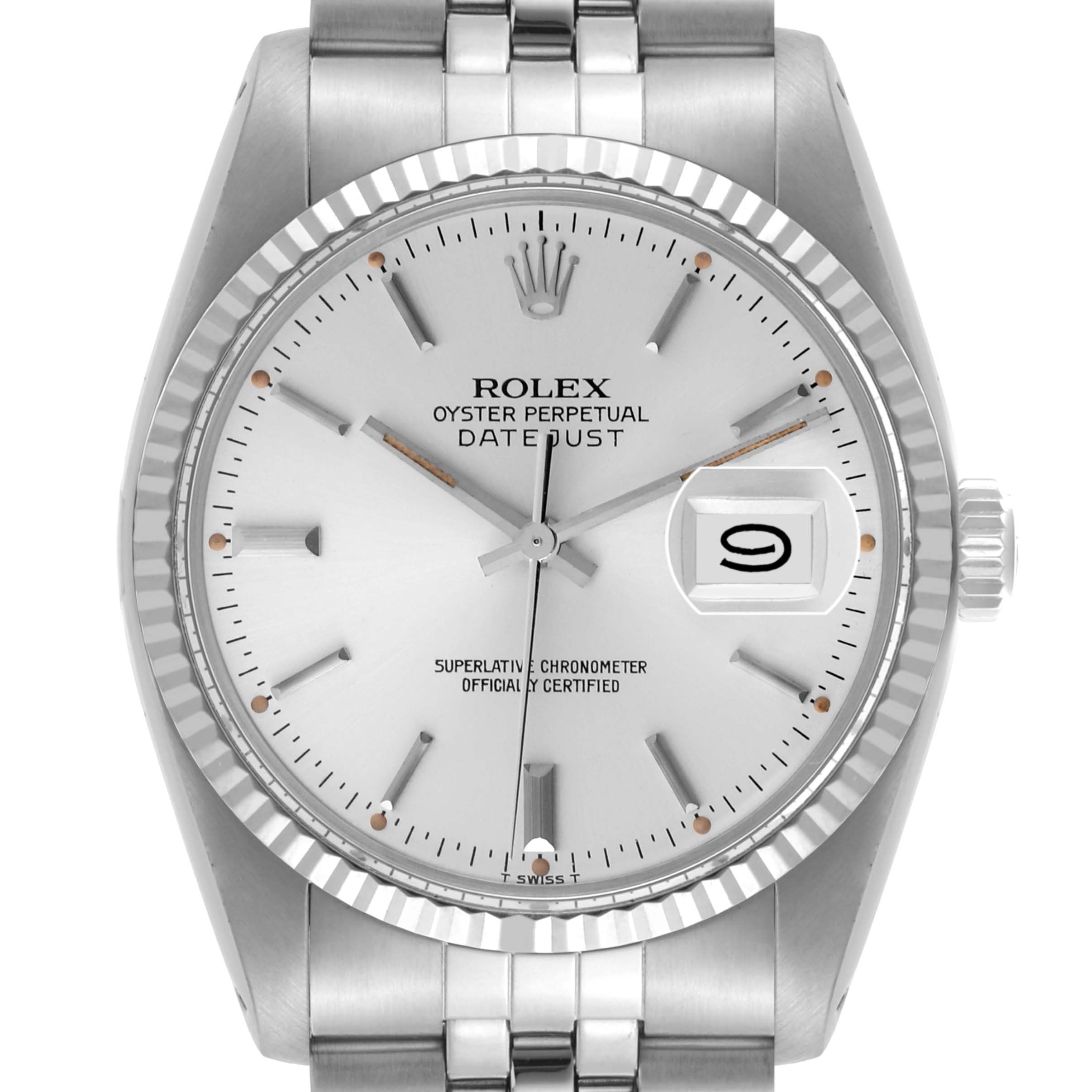 The Rolex Datejust 16014 Men's Stainless Steel Silver Dial 16014 Men's Stainless Steel Silver Dial is shown from a frontal angle, highlighting the face, bezel, and part of the bracelet.
