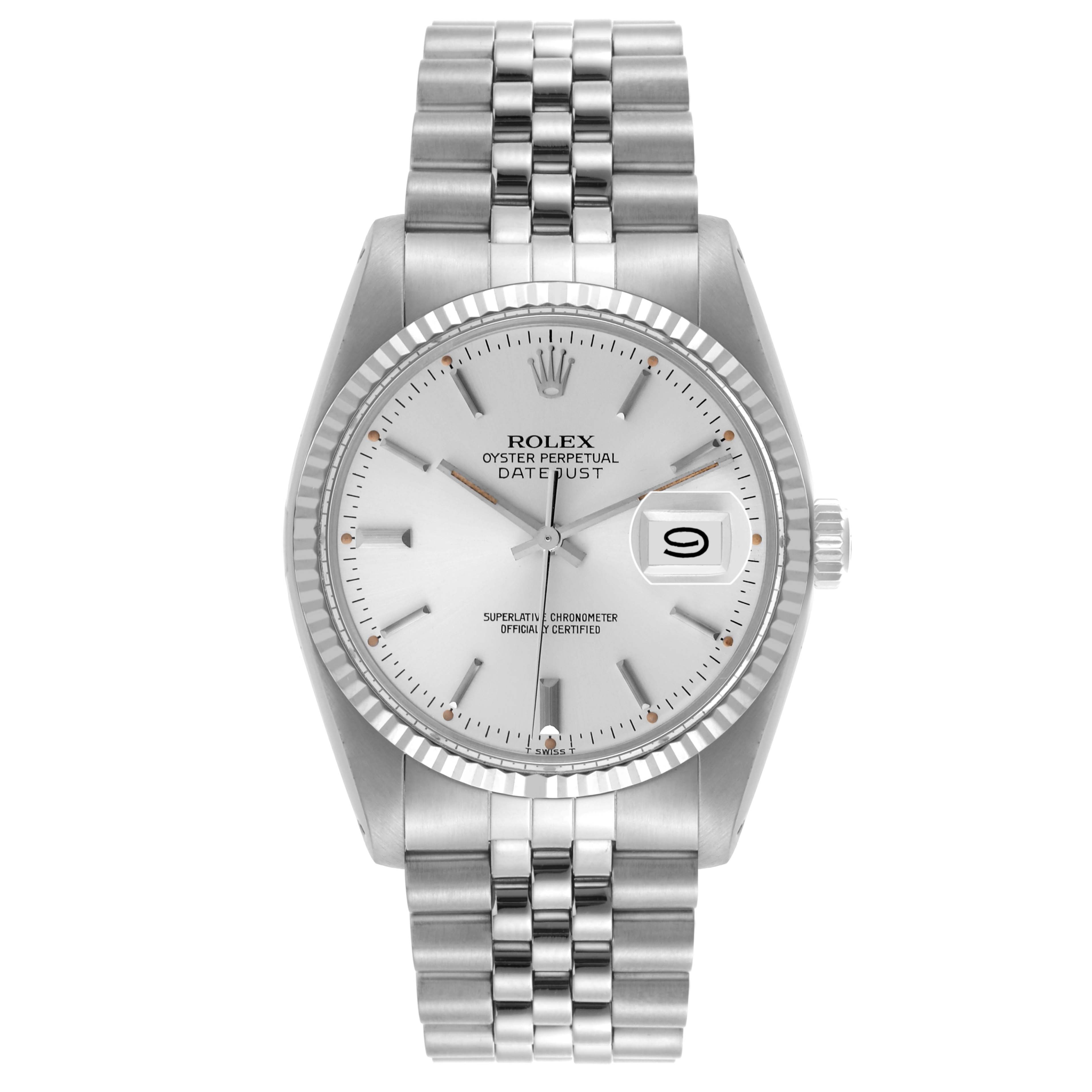 The Rolex Datejust 16014 Men's Stainless Steel Silver Dial 16014 Men's Stainless Steel Silver Dial watch is shown from the front, highlighting the dial, bezel, and bracelet.