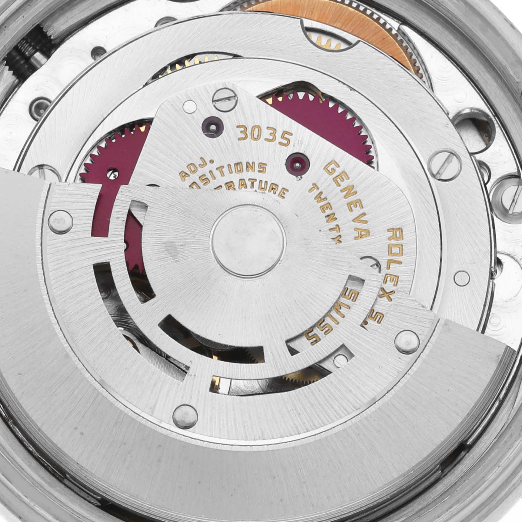 The image shows a close-up of the movement and internal components of a Rolex Datejust 16014 Men's Stainless Steel Silver Dial 16014 Men's Stainless Steel Silver Dial watch.
