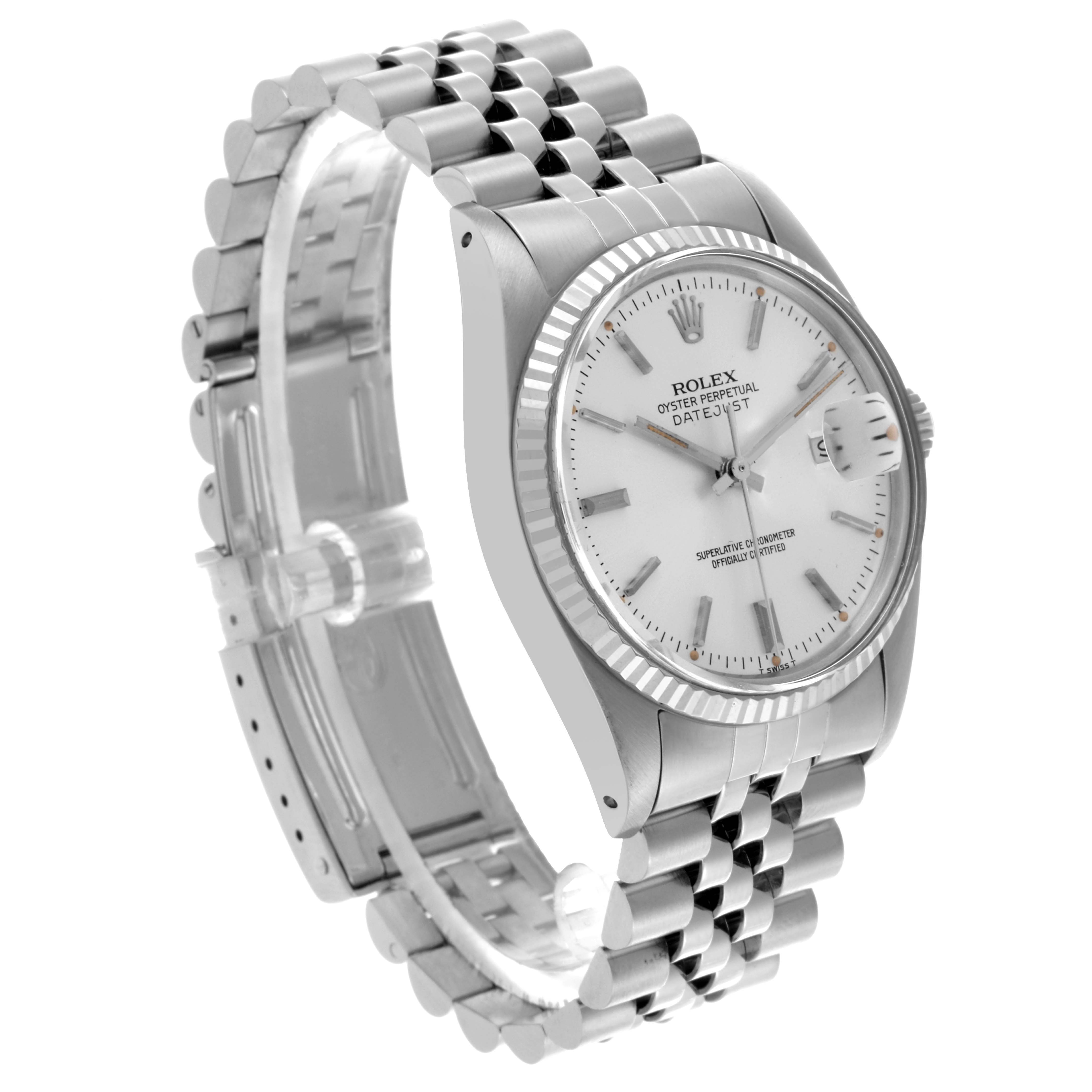 The Rolex Datejust 16014 Men's Stainless Steel Silver Dial 16014 Men's Stainless Steel Silver Dial watch is shown at a slight angle highlighting the dial, bezel, and Jubilee bracelet.