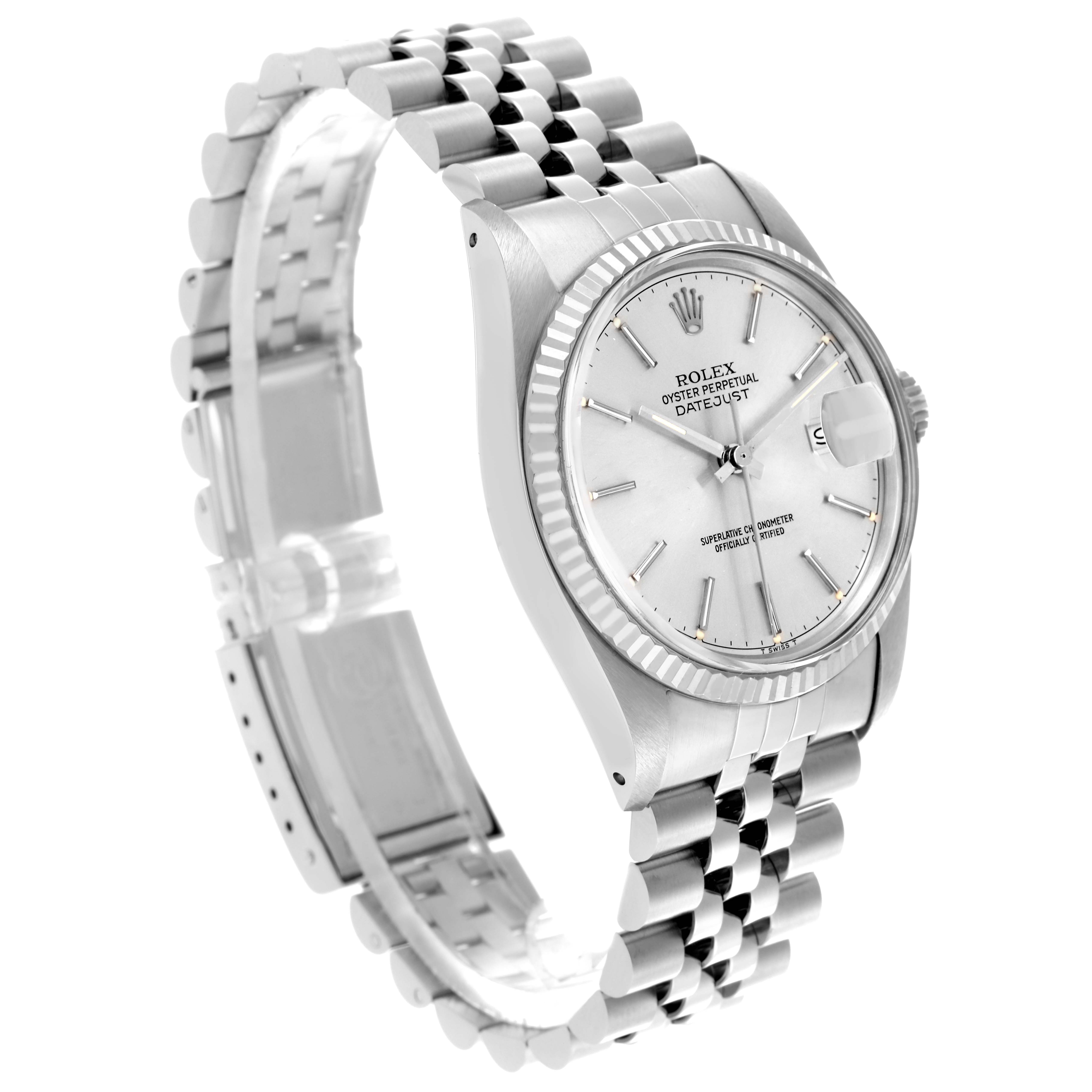 The Rolex Datejust 16014 Men's Stainless Steel Silver Dial 16014 Men's Stainless Steel Silver Dial watch is shown at a slight angle displaying the face, bezel, and bracelet.