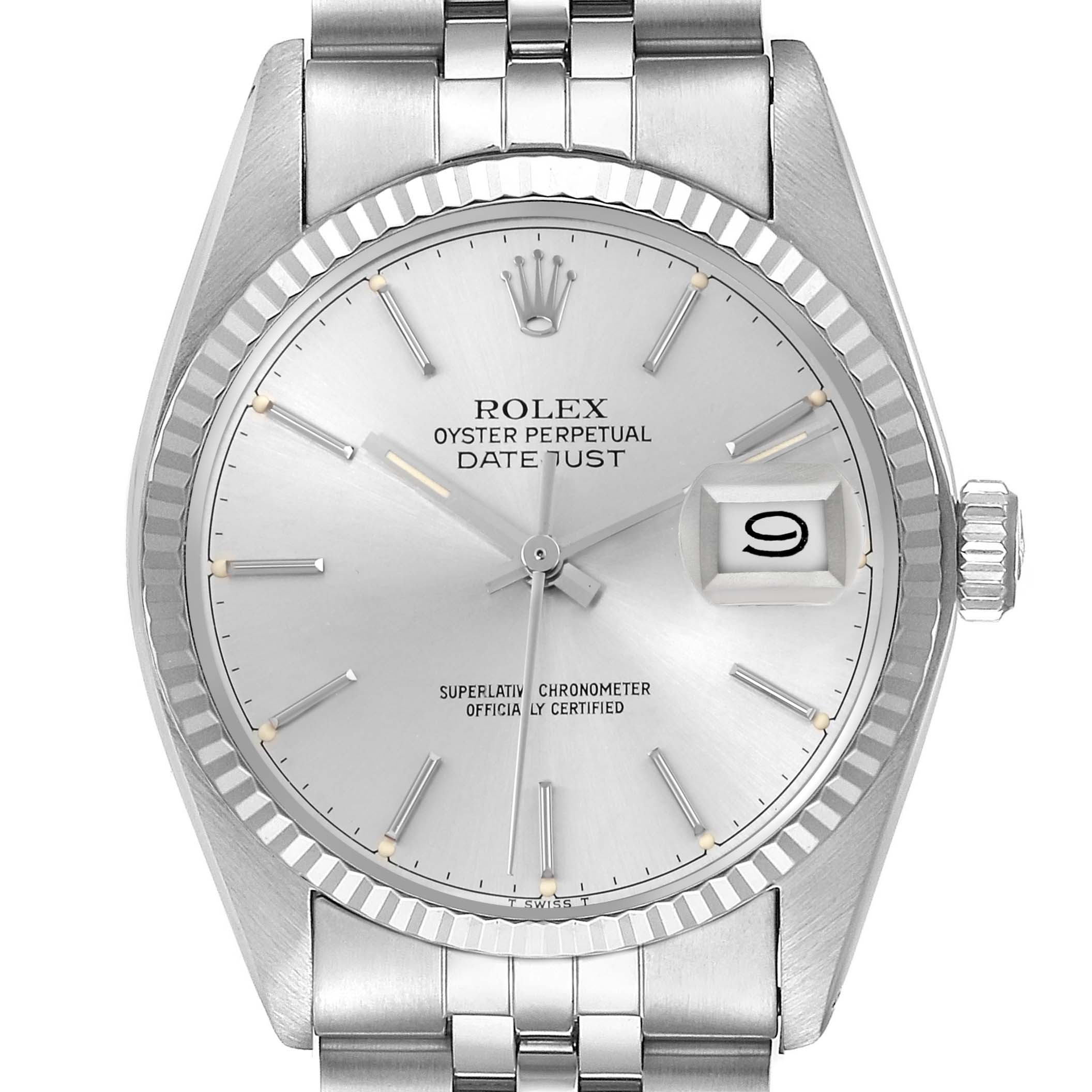 The Rolex Datejust 16014 Men's Stainless Steel Silver Dial 16014 Men's Stainless Steel Silver Dial watch is shown from a front angle, displaying the dial, bezel, crown, and part of the bracelet.