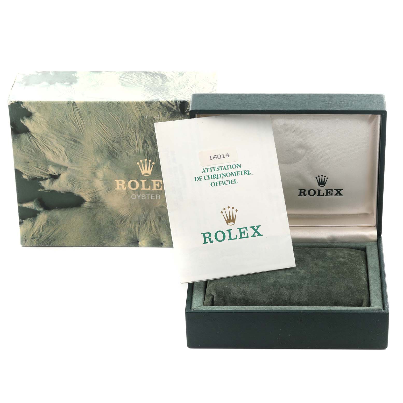 The image shows a Rolex Datejust 16014 Men's Stainless Steel Silver Dial 16014 Men's Stainless Steel Silver Dial box and papers, including an official chronometer certificate.