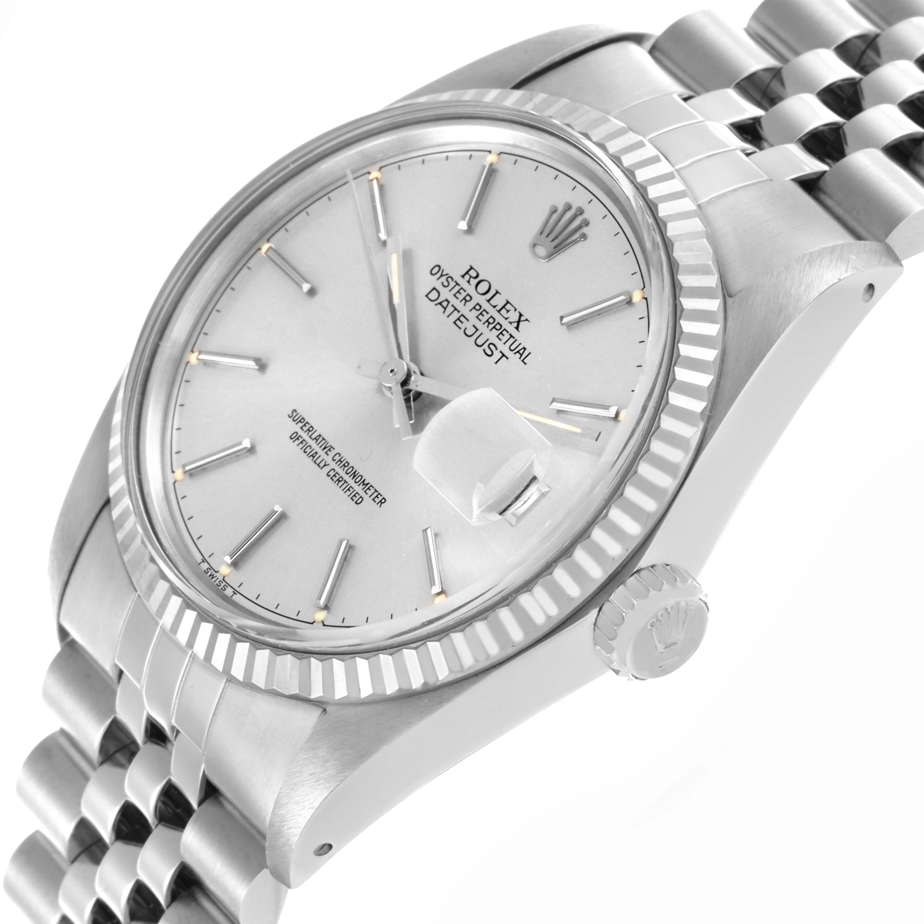 The Rolex Datejust 16014 Men's Stainless Steel Silver Dial 16014 Men's Stainless Steel Silver Dial watch is shown from a front angle highlighting the dial, fluted bezel, and Jubilee bracelet.