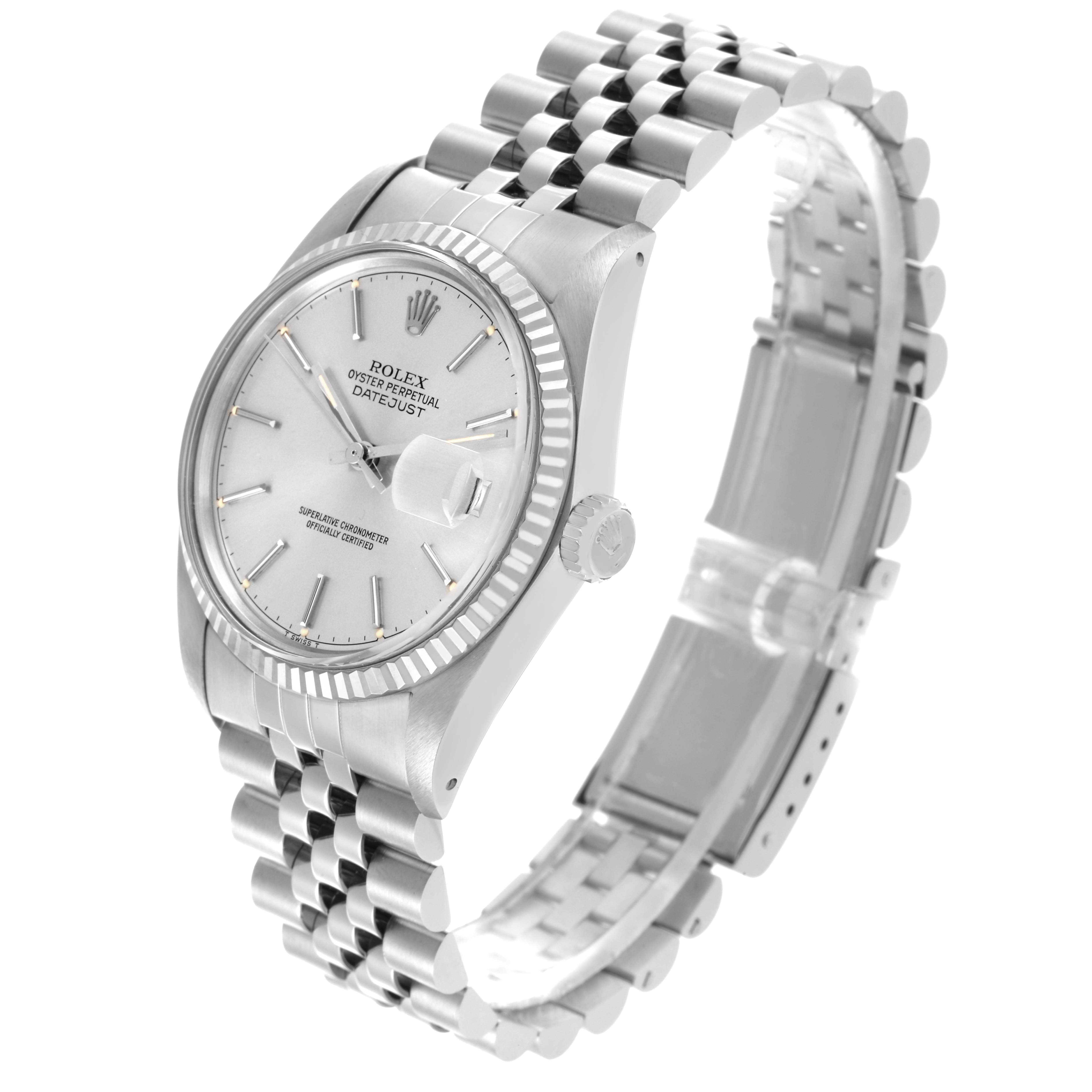 The image shows a Rolex Datejust 16014 Men's Stainless Steel Silver Dial 16014 Men's Stainless Steel Silver Dial watch at a slight side angle, highlighting the face, fluted bezel, Jubilee bracelet, and crown.