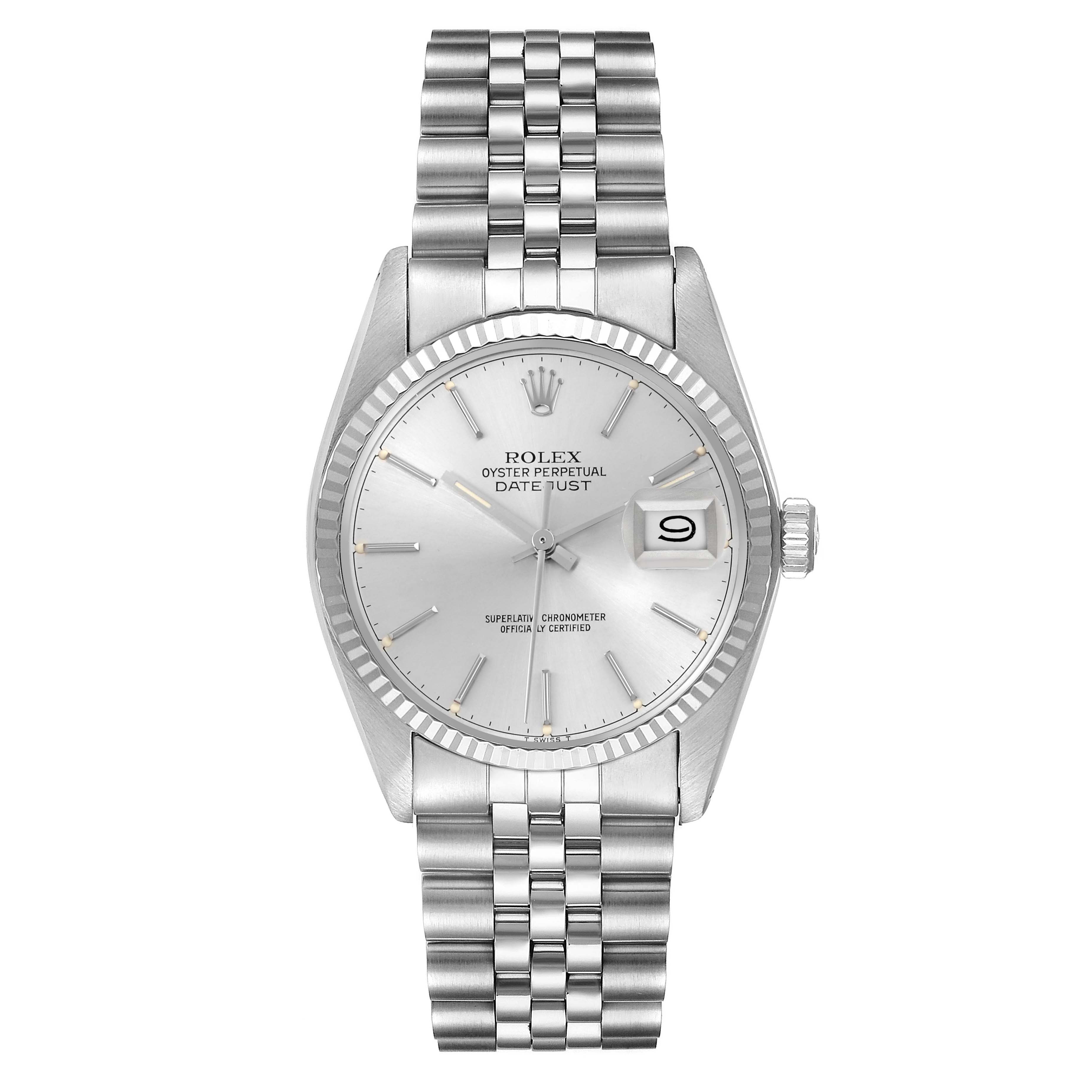 The Rolex Datejust 16014 Men's Stainless Steel Silver Dial 16014 Men's Stainless Steel Silver Dial watch is shown from a front angle, displaying the face, hands, date, and bracelet.