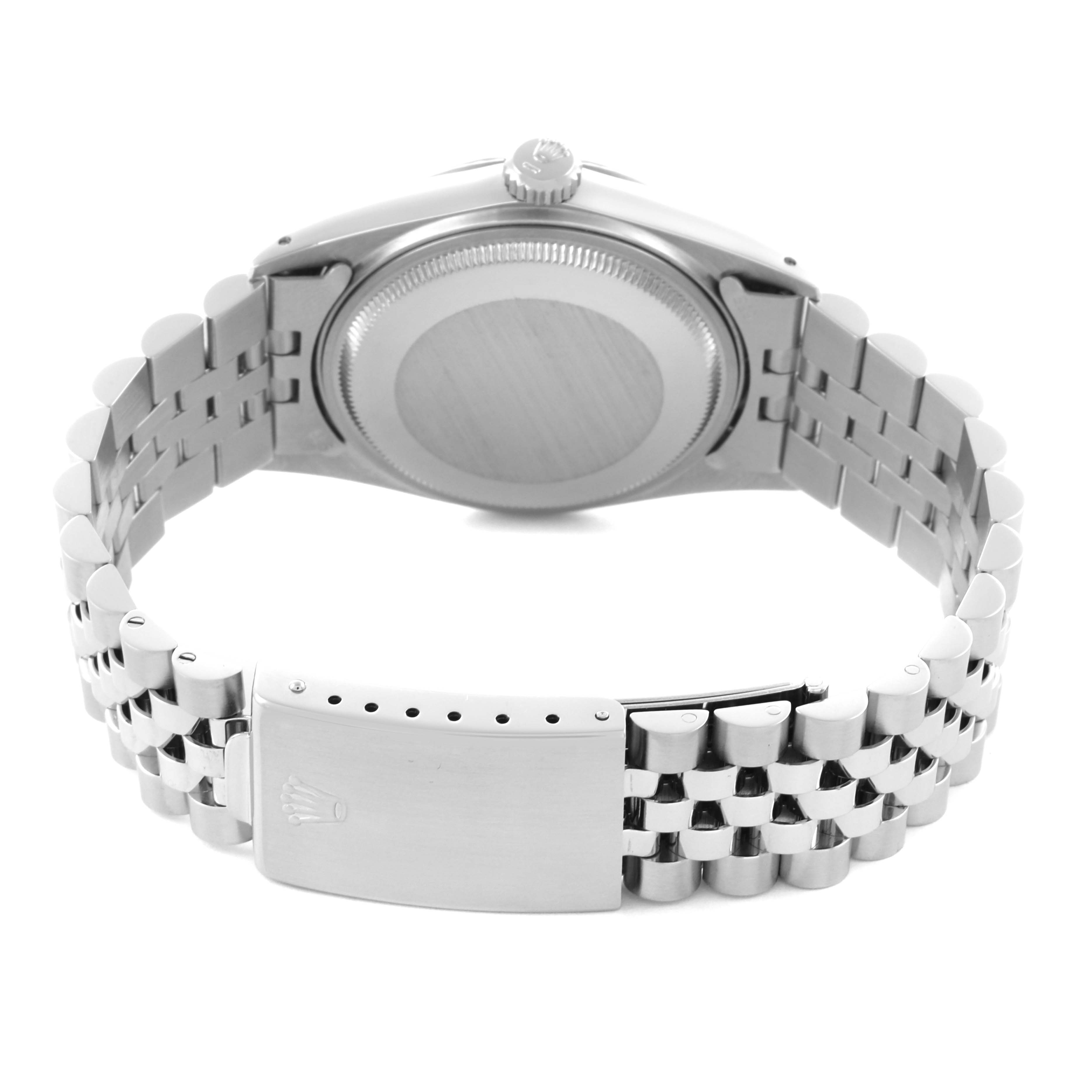 The image shows the back view of a Rolex Datejust 16014 Men's Stainless Steel Silver Dial 16014 Men's Stainless Steel Silver Dial watch, highlighting the case back, bracelet, and clasp.