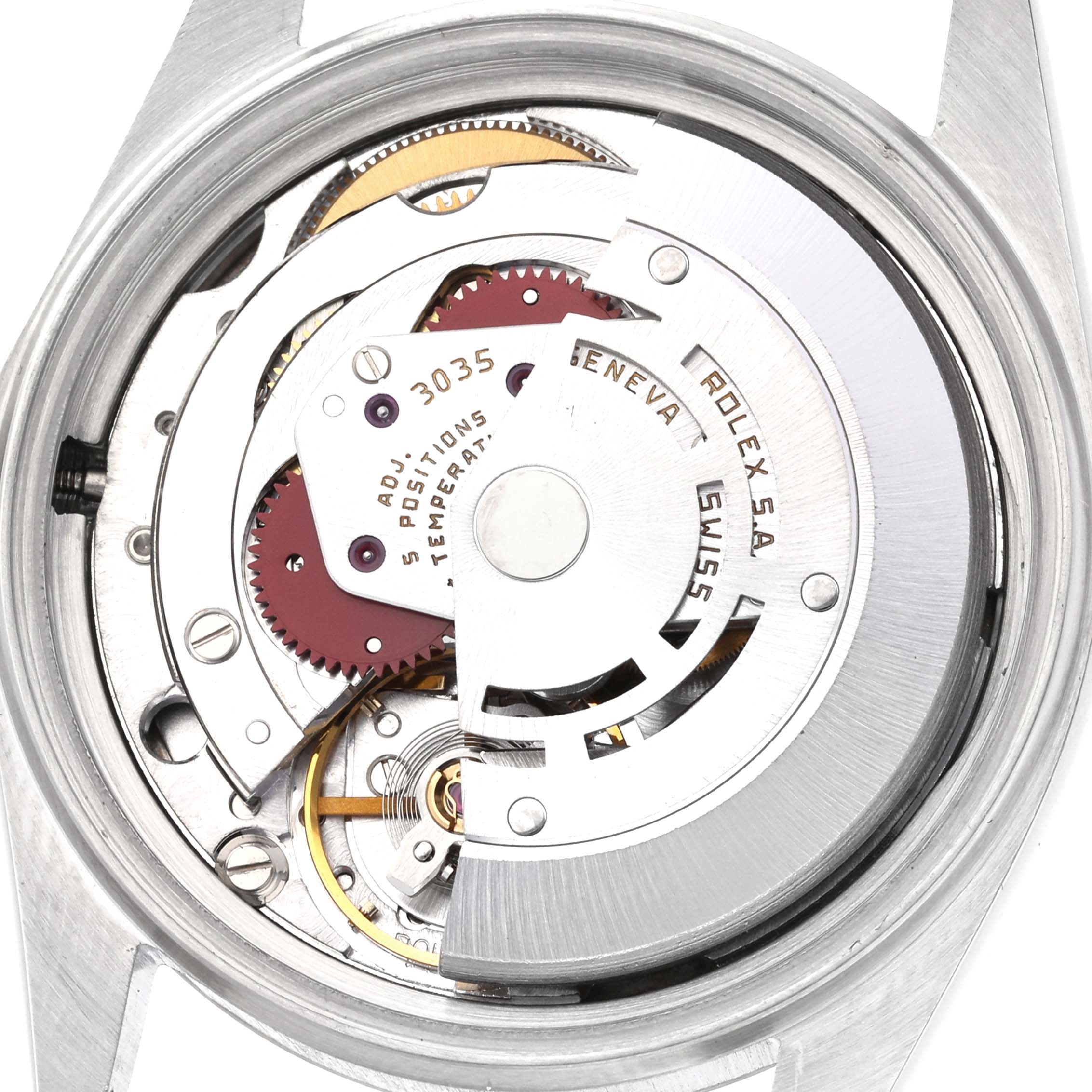 The image shows the movement of a Rolex Datejust 16014 Men's Stainless Steel Silver Dial 16014 Men's Stainless Steel Silver Dial watch from a rear view, highlighting its intricate internal components.