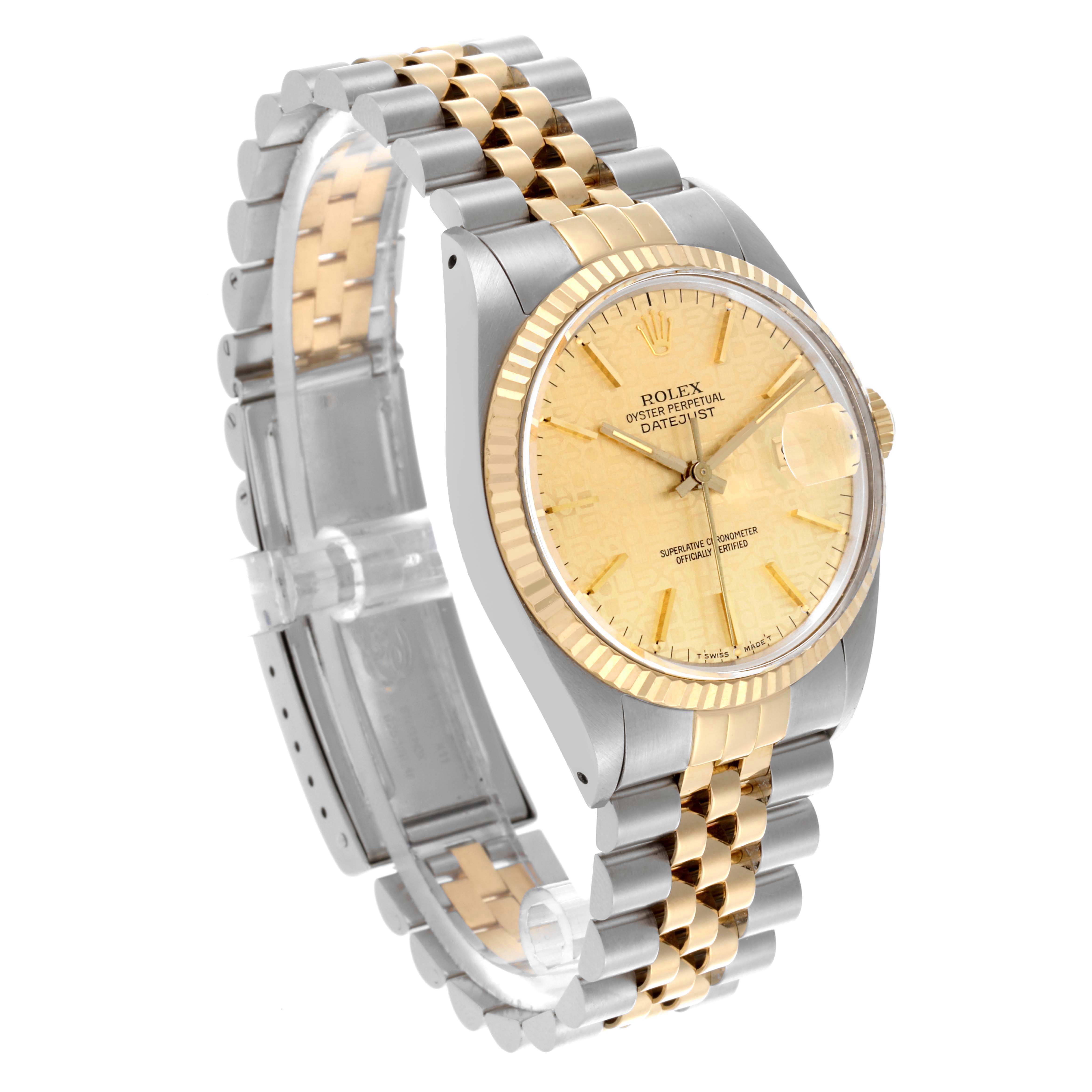 The Rolex Datejust 16013 Men
s Steel and Gold (two tone) Champagne Dial 16013 Men
s Steel and Gold (two tone) Champagne Dial watch is shown angled slightly from the side, highlighting the face, bezel, and two-tone bracelet.