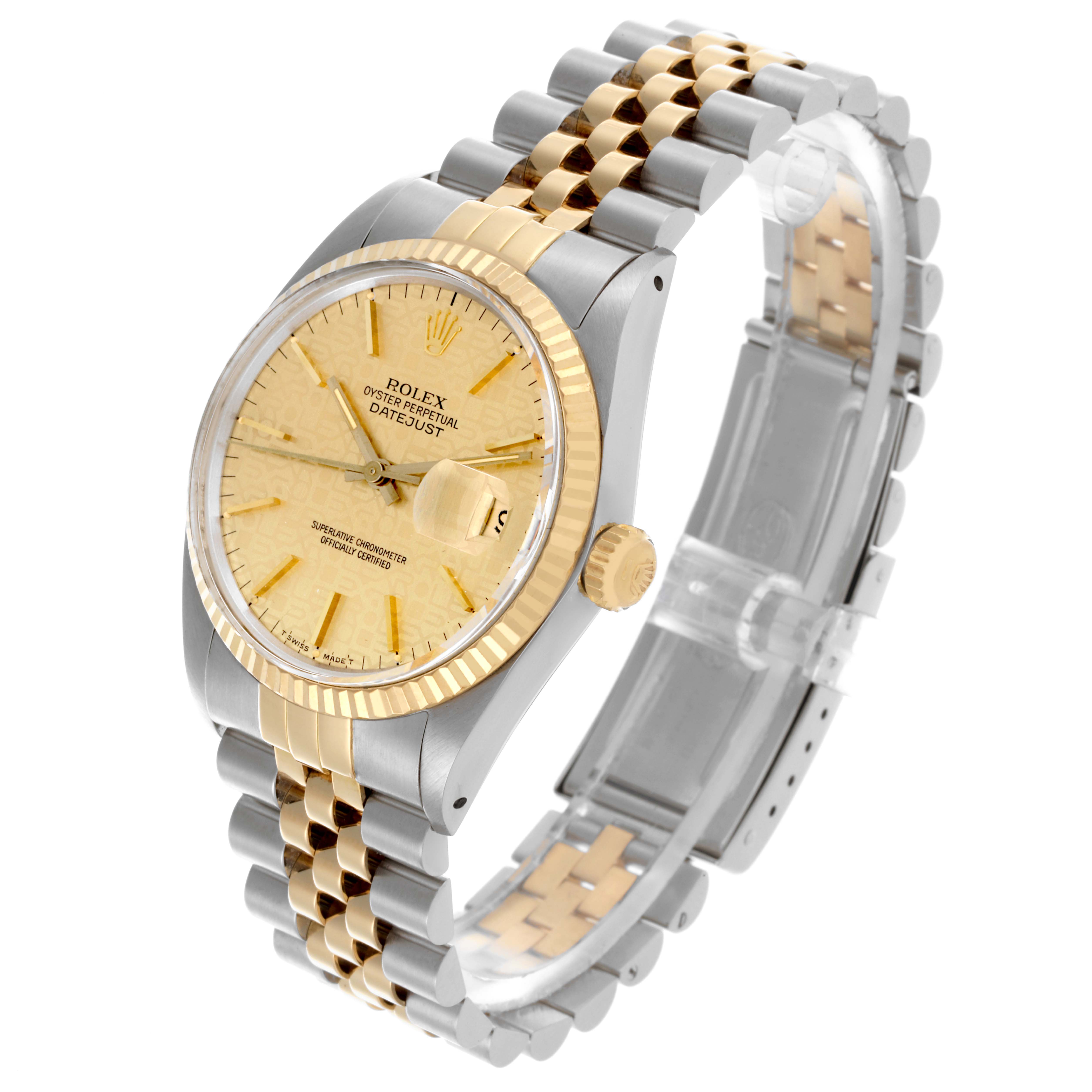 The Rolex Datejust 16013 Men
s Steel and Gold (two tone) Champagne Dial 16013 Men
s Steel and Gold (two tone) Champagne Dial watch is shown at a three-quarter angle, displaying the face, bezel, crown, and two-tone bracelet.