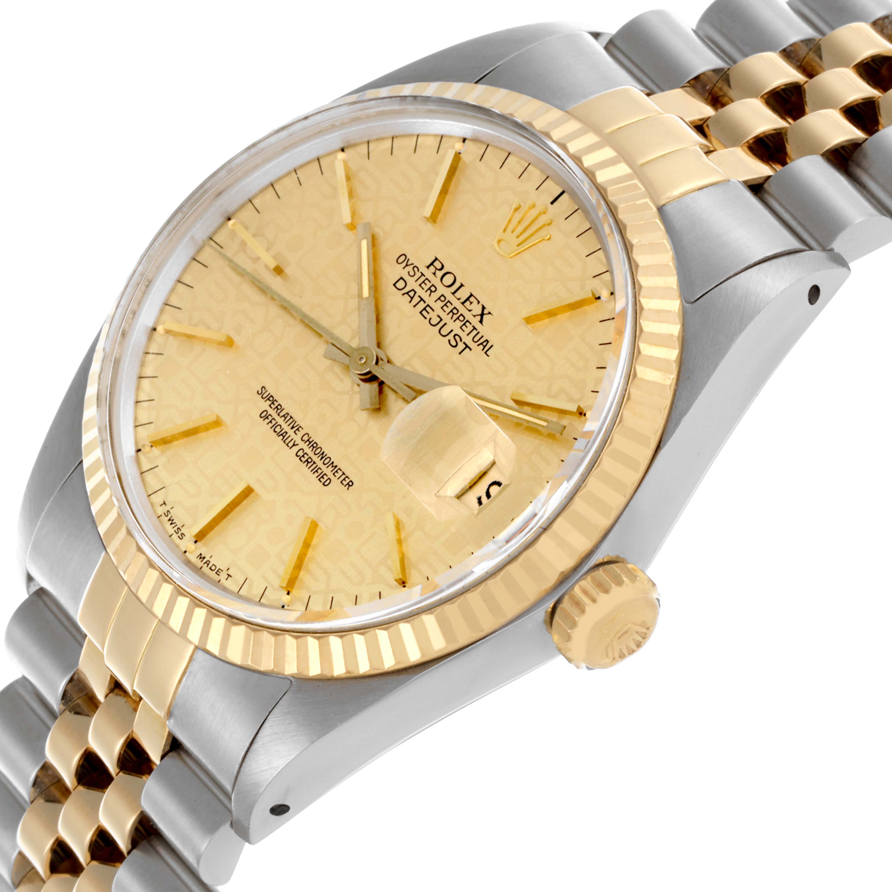 The Rolex Datejust 16013 Men
s Steel and Gold (two tone) Champagne Dial 16013 Men
s Steel and Gold (two tone) Champagne Dial watch is shown at a side angle, displaying the dial, bezel, crown, and part of the band.