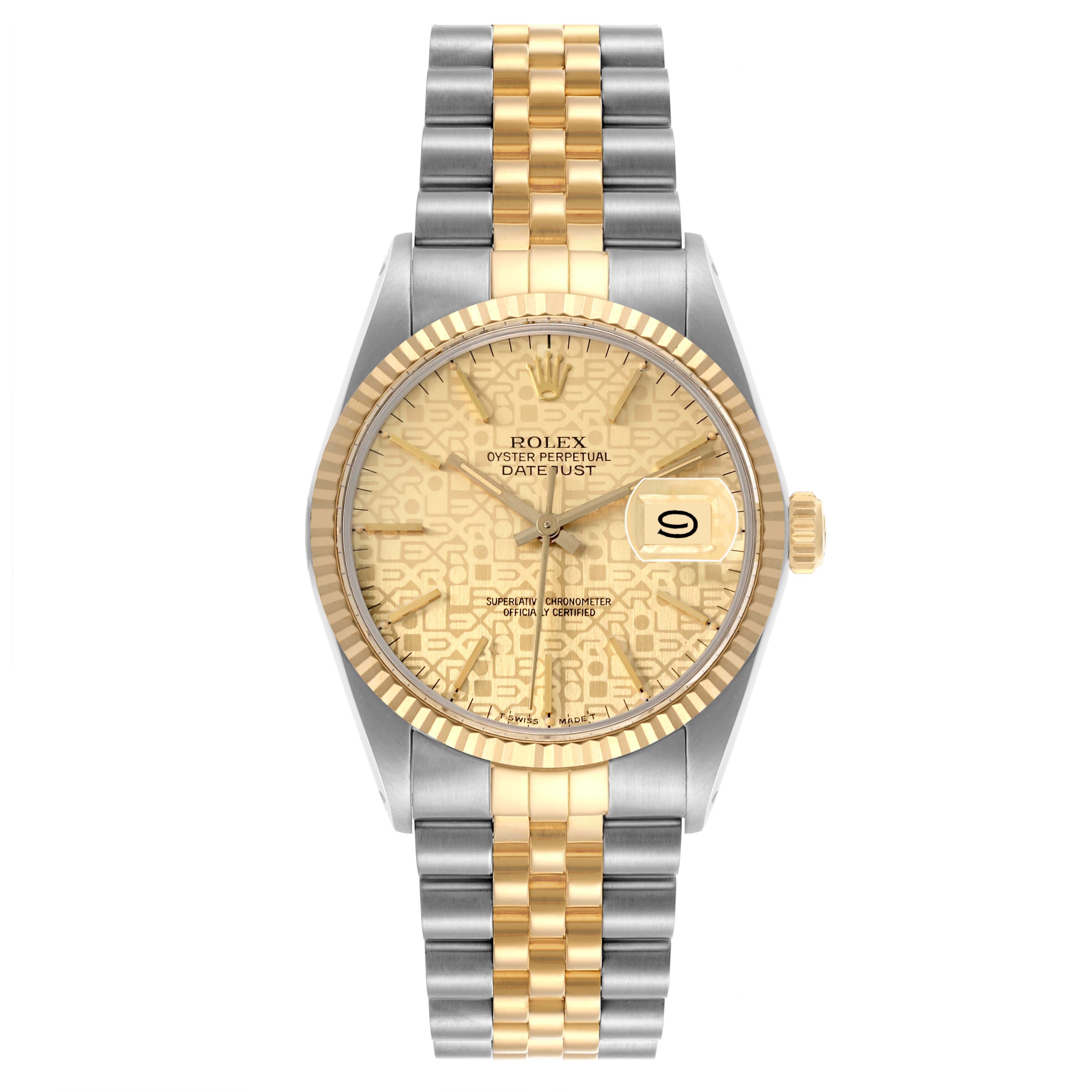 The Rolex Datejust 16013 Men
s Steel and Gold (two tone) Champagne Dial 16013 Men
s Steel and Gold (two tone) Champagne Dial watch is shown from the front, highlighting the dial, bezel, and two-tone bracelet.