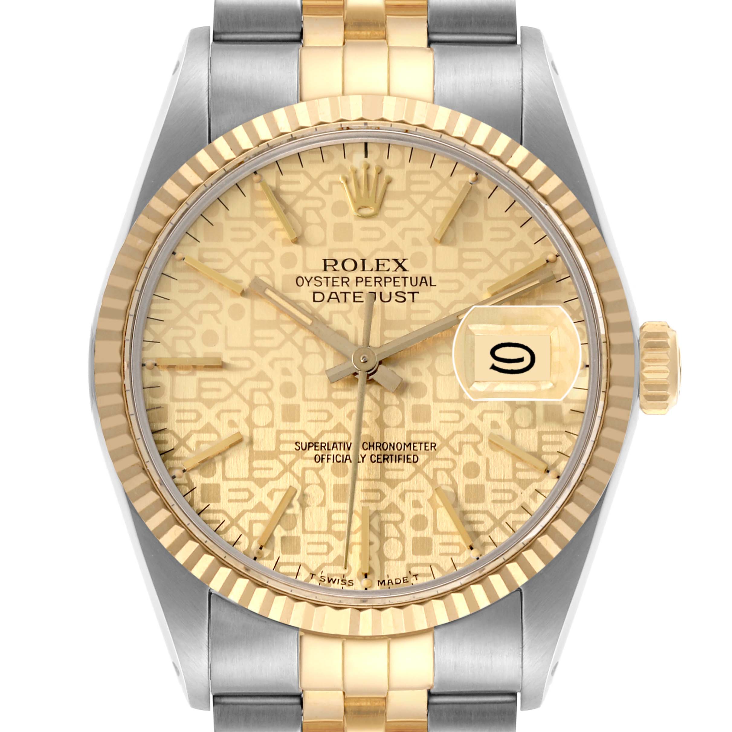 The Rolex Datejust 16013 Men
s Steel and Gold (two tone) Champagne Dial 16013 Men
s Steel and Gold (two tone) Champagne Dial watch is shown from a frontal angle, displaying its dial, bezel, crown, and part of the bracelet.