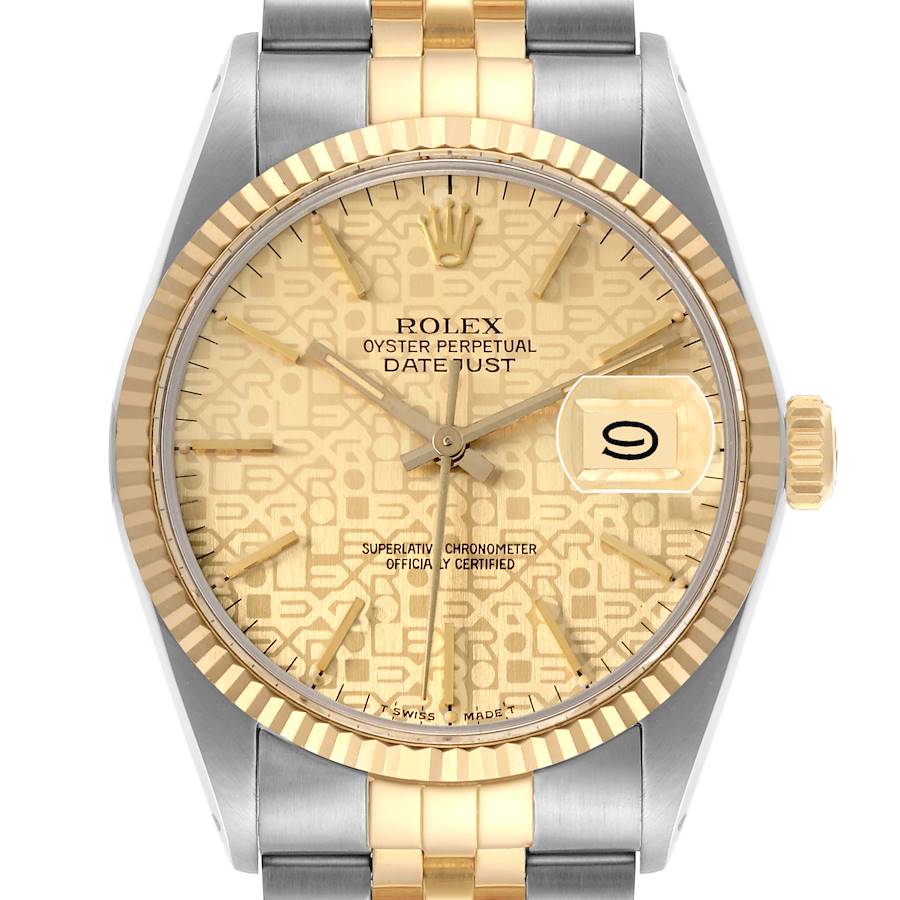 The Rolex Datejust watch is shown from a frontal angle, displaying its dial, bezel, crown, and part of the bracelet.