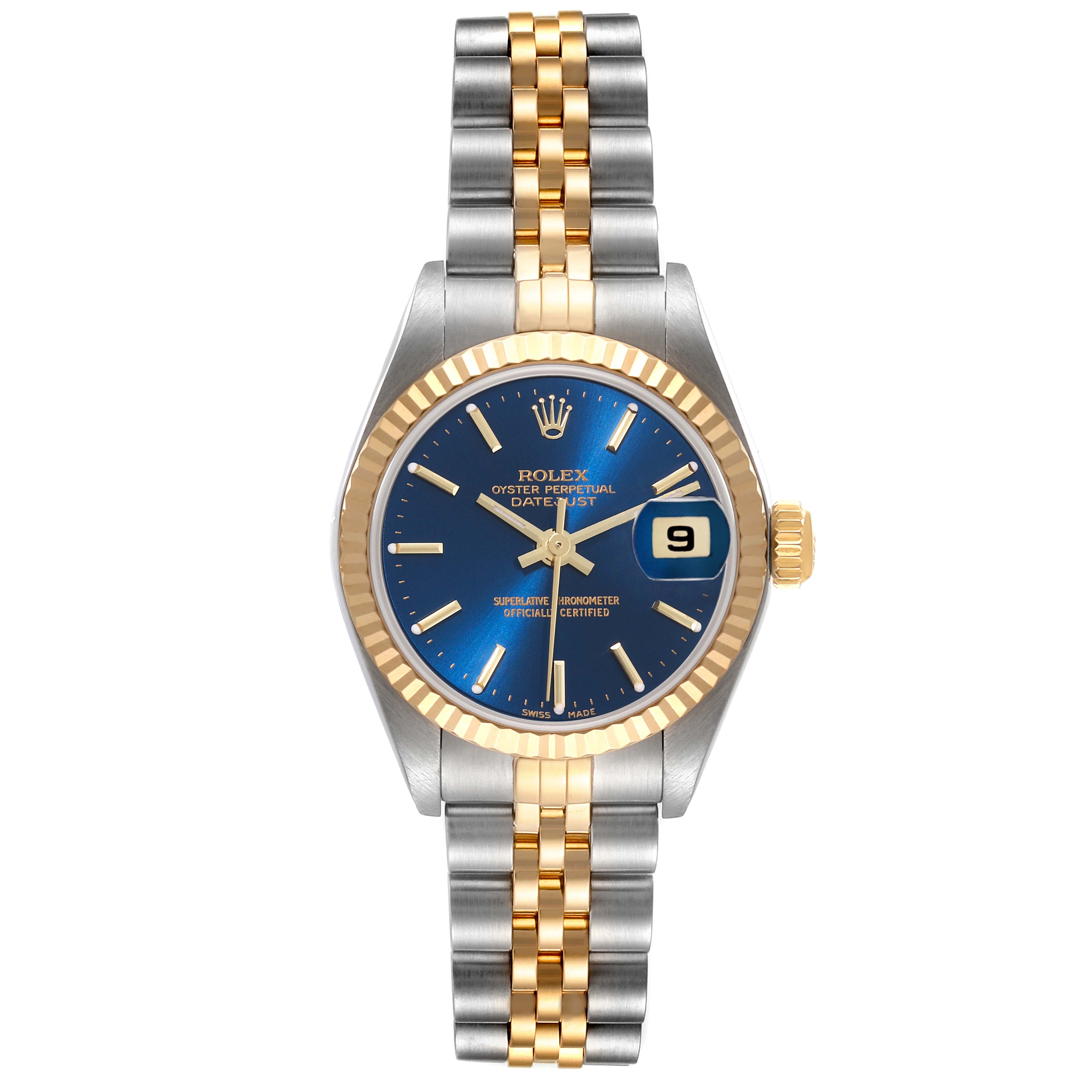 This Rolex Datejust 79173 Women's Steel and Gold (two tone) Blue Dial 79173 Women's Steel and Gold (two tone) Blue Dial watch is shown from a front view, displaying the blue dial, date window, bezel, and two-tone bracelet.