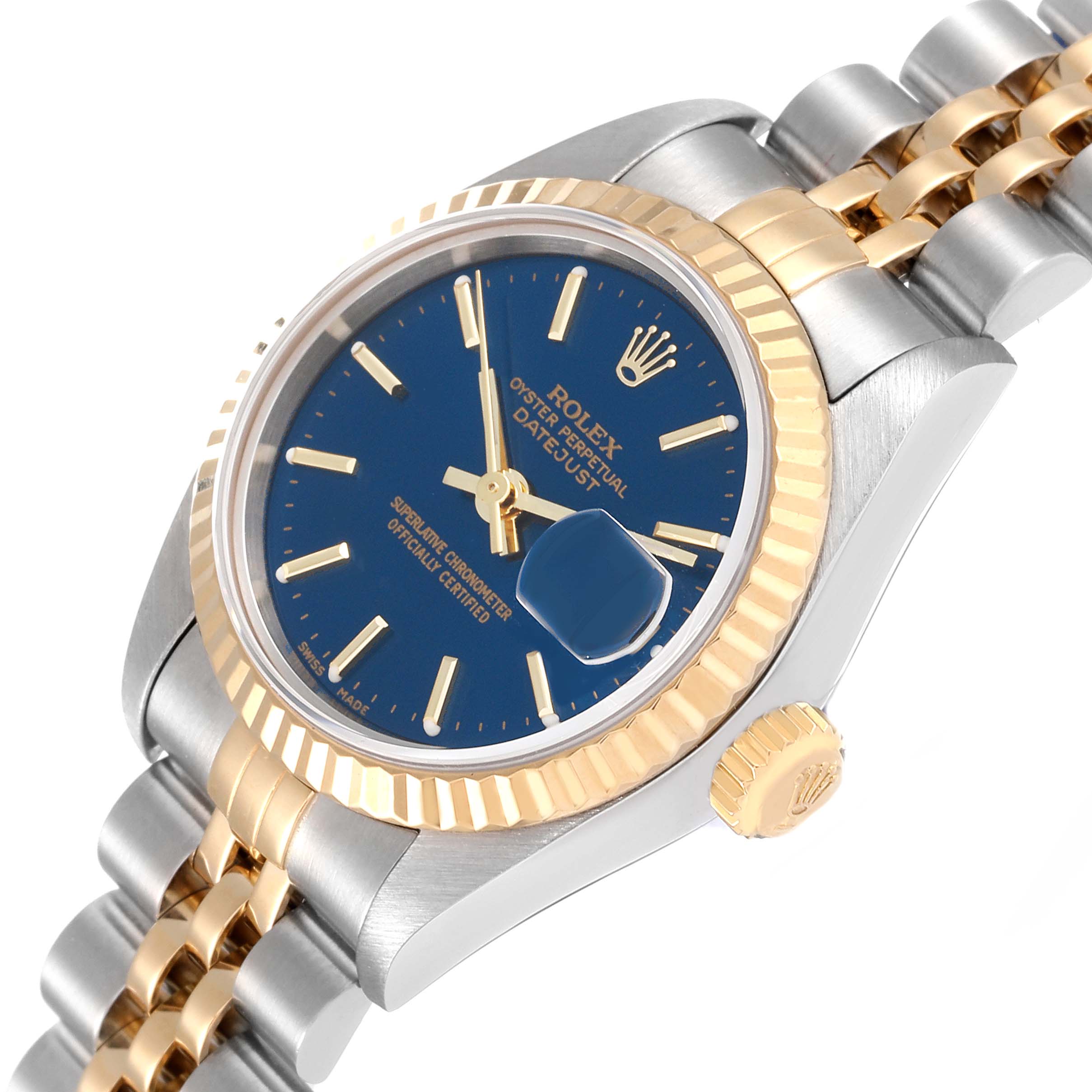 The image shows a Rolex Datejust 79173 Women's Steel and Gold (two tone) Blue Dial 79173 Women's Steel and Gold (two tone) Blue Dial watch at an oblique angle, displaying the blue dial, fluted bezel, and two-tone Jubilee bracelet.