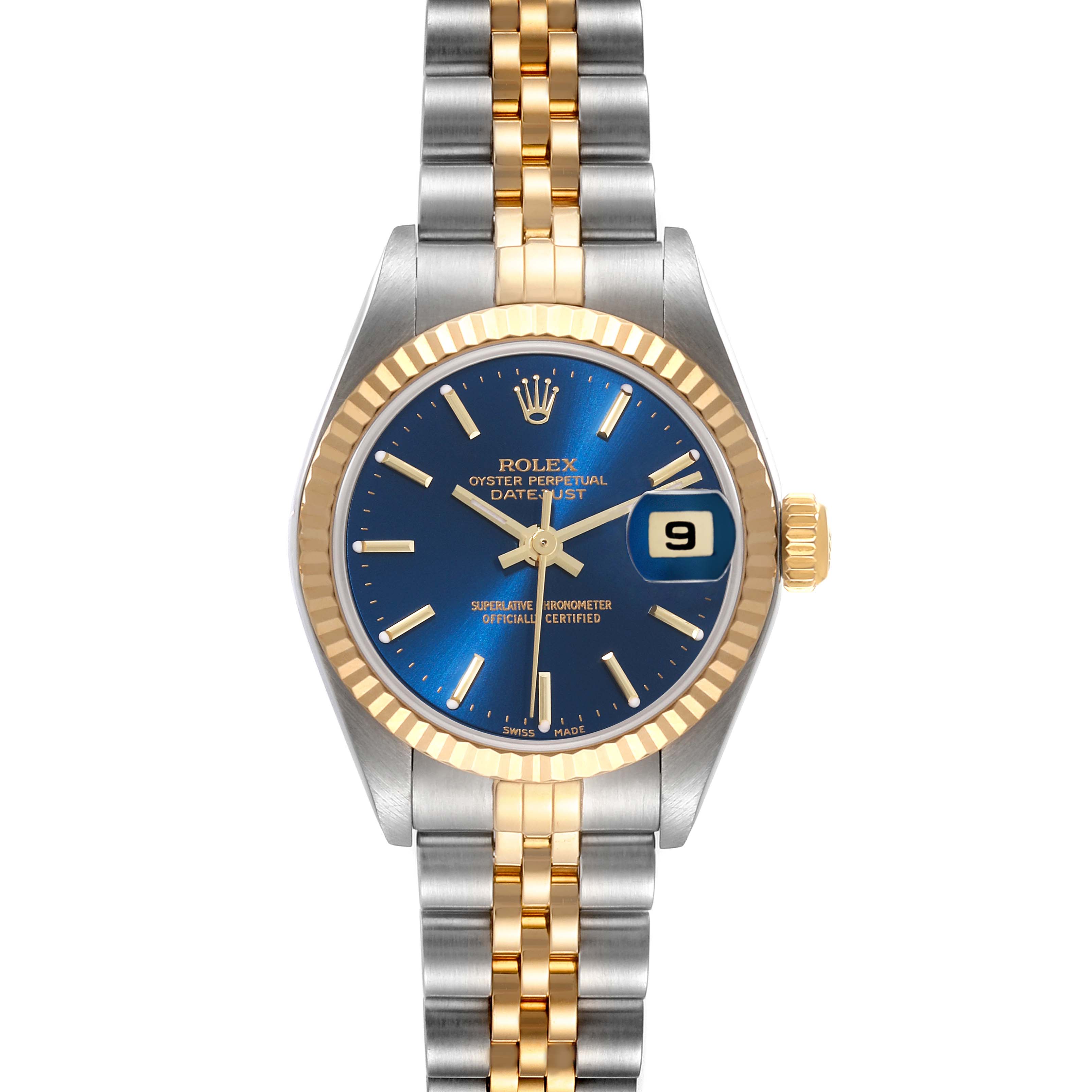 The image shows a front view of a Rolex Datejust 79173 Women's Steel and Gold (two tone) Blue Dial 79173 Women's Steel and Gold (two tone) Blue Dial watch, featuring a blue dial and two-tone metal band.