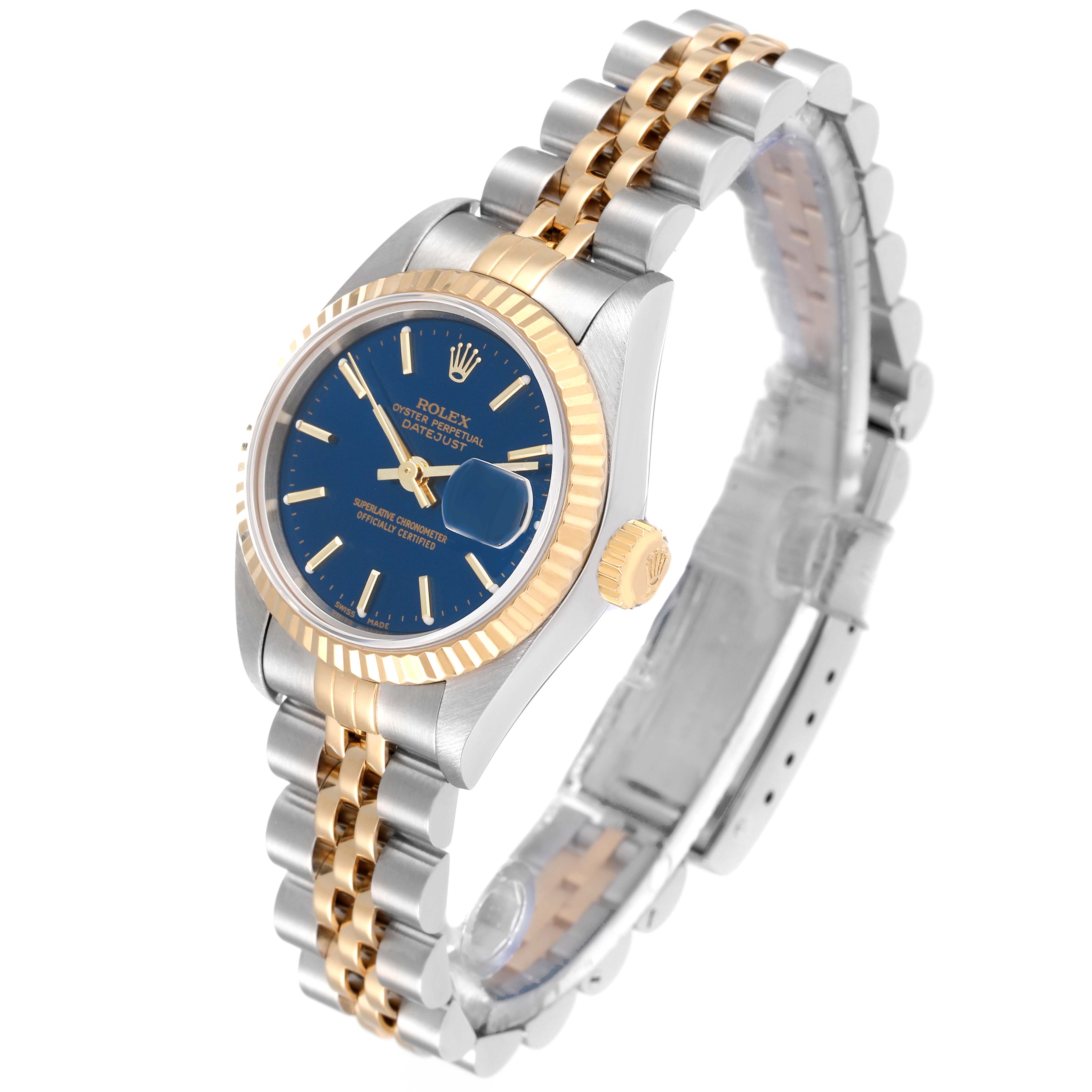 The image shows a Rolex Datejust 79173 Women's Steel and Gold (two tone) Blue Dial 79173 Women's Steel and Gold (two tone) Blue Dial watch at a slight angle, displaying the face, bezel, crown, and bracelet.
