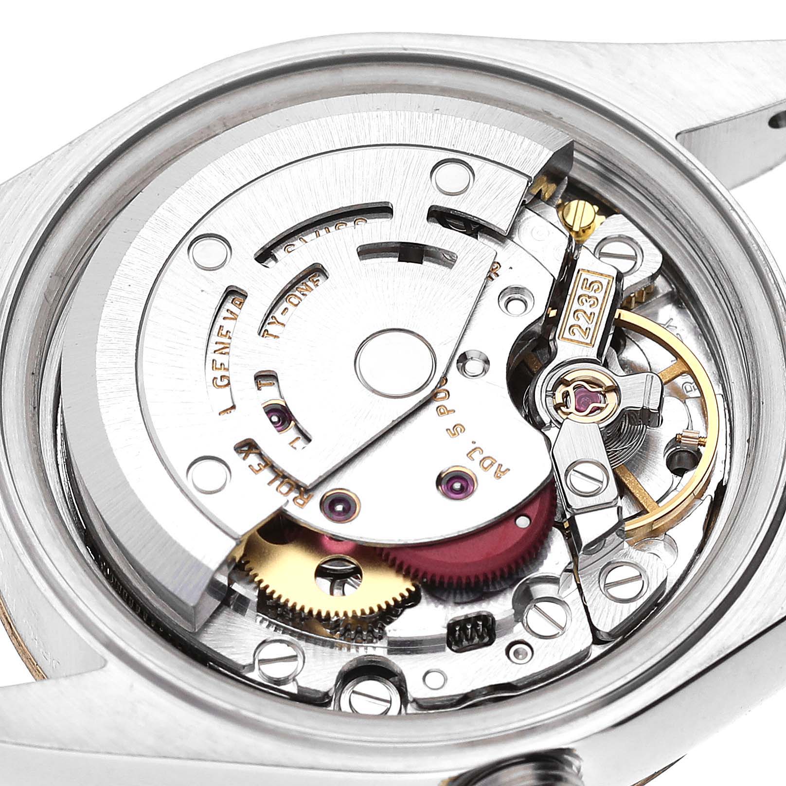 The image shows the internal mechanism of a Rolex Datejust 79173 Women's Steel and Gold (two tone) Blue Dial 79173 Women's Steel and Gold (two tone) Blue Dial watch from a top-down angle, highlighting its intricate components.