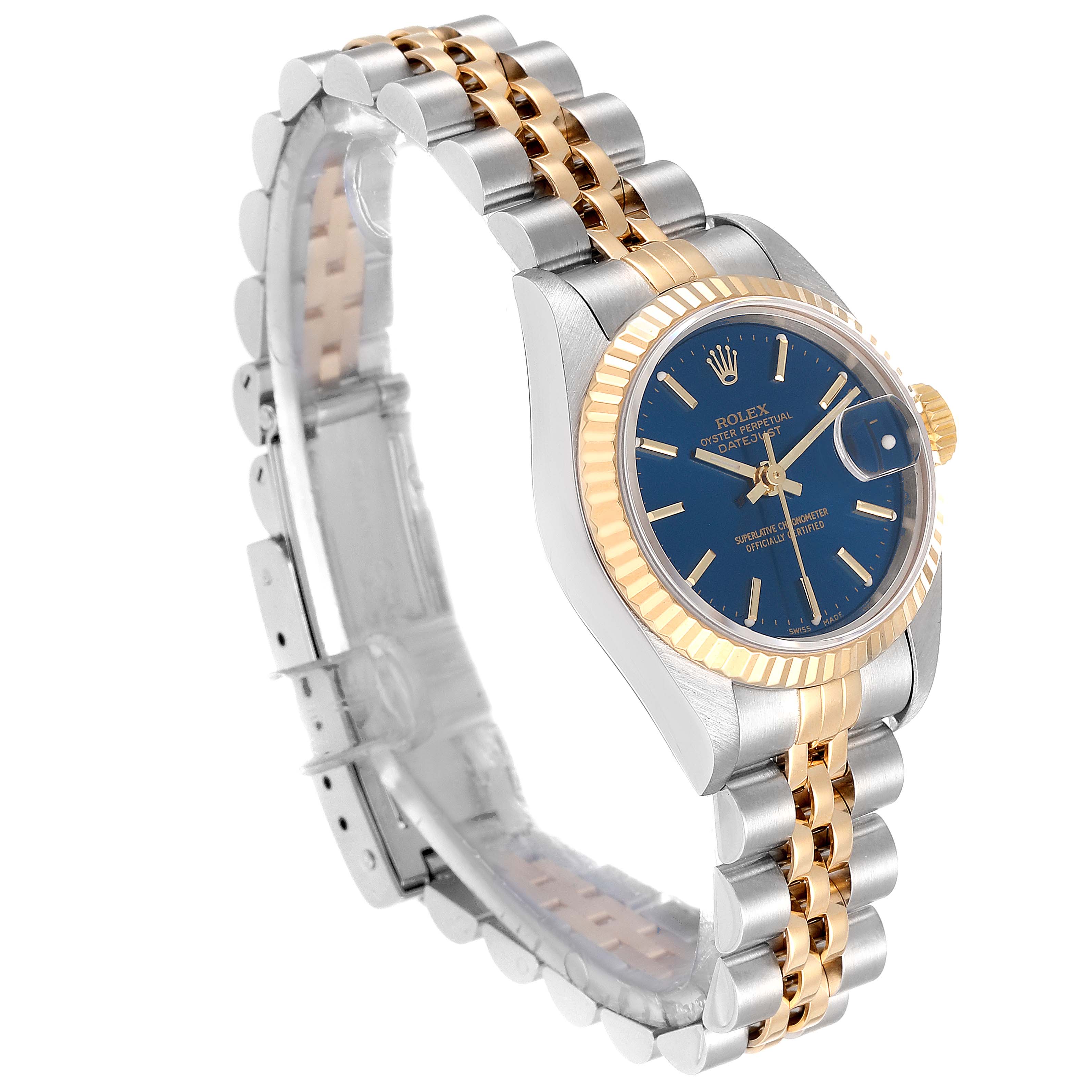 The Rolex Datejust 79173 Women's Steel and Gold (two tone) Blue Dial 79173 Women's Steel and Gold (two tone) Blue Dial watch is shown at a three-quarter angle, displaying the bezel, blue dial, crown, bracelet, and part of the clasp.