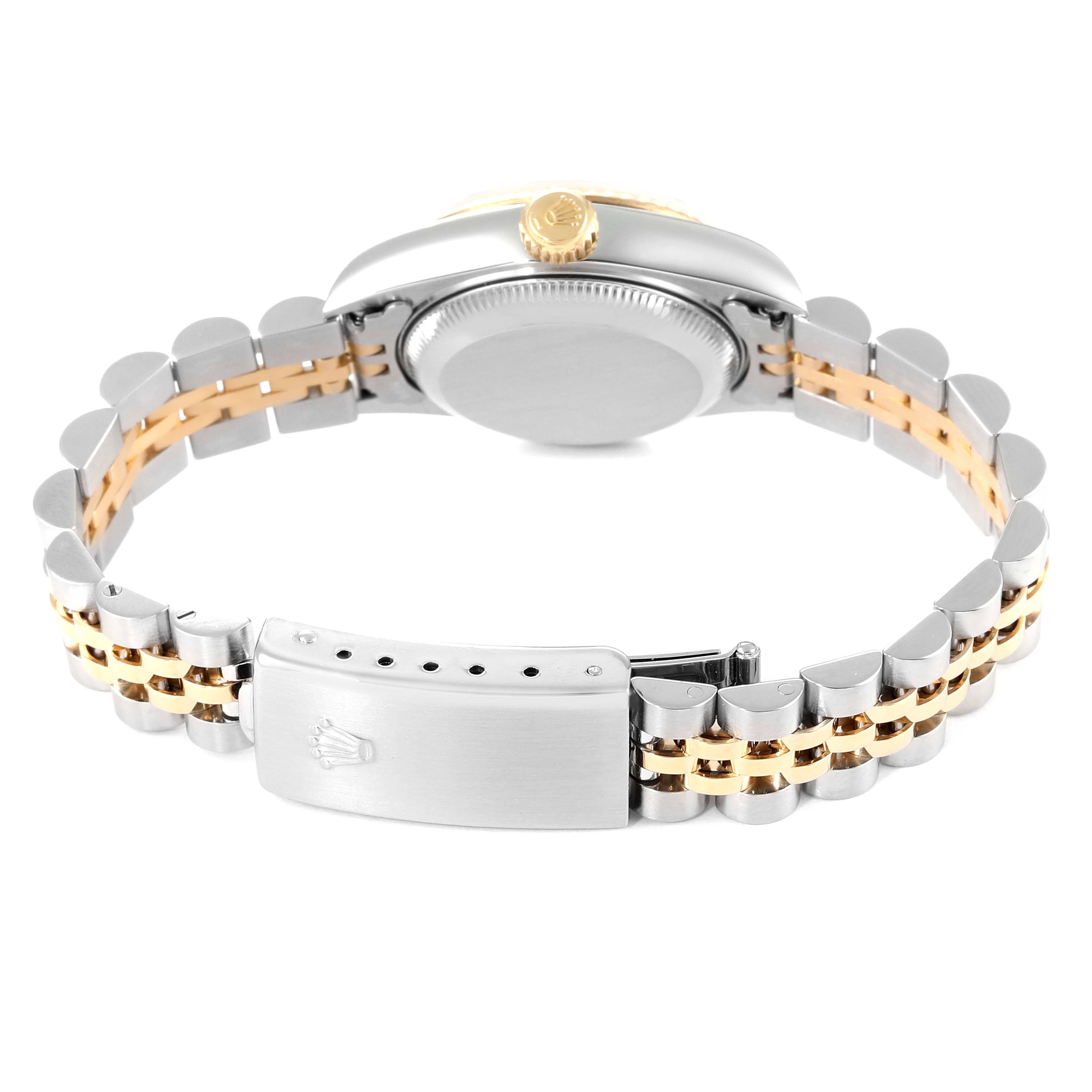 This image shows the back casing, crown, and bracelet with the clasp of the Rolex Datejust 79173 Women's Steel and Gold (two tone) Blue Dial 79173 Women's Steel and Gold (two tone) Blue Dial watch.