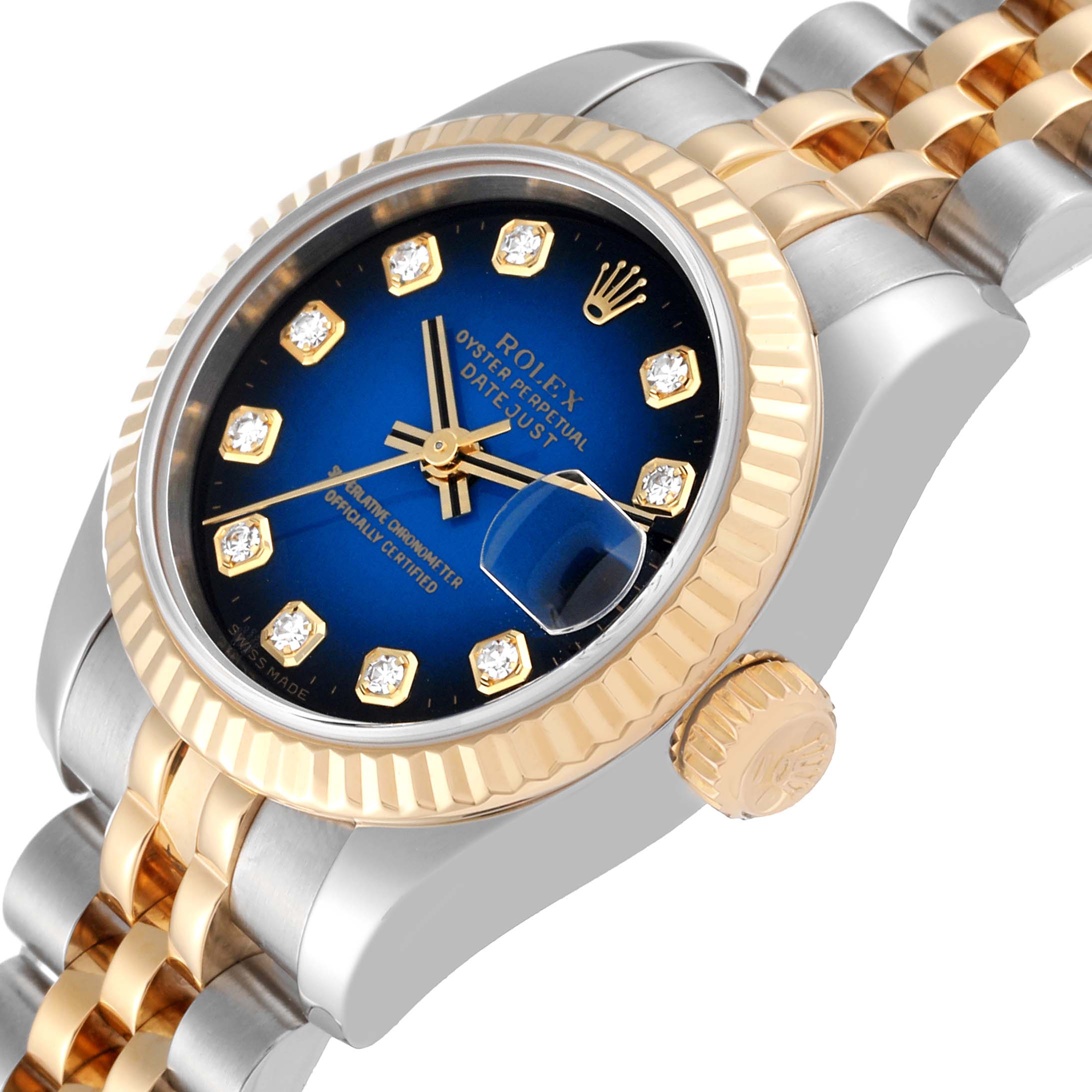 The image shows a close-up angled view of the Rolex Datejust 179173 Women's Steel and Gold (two tone) Blue Dial 179173 Women's Steel and Gold (two tone) Blue Dial watch, highlighting the gold bezel, dial, bracelet, and crown.