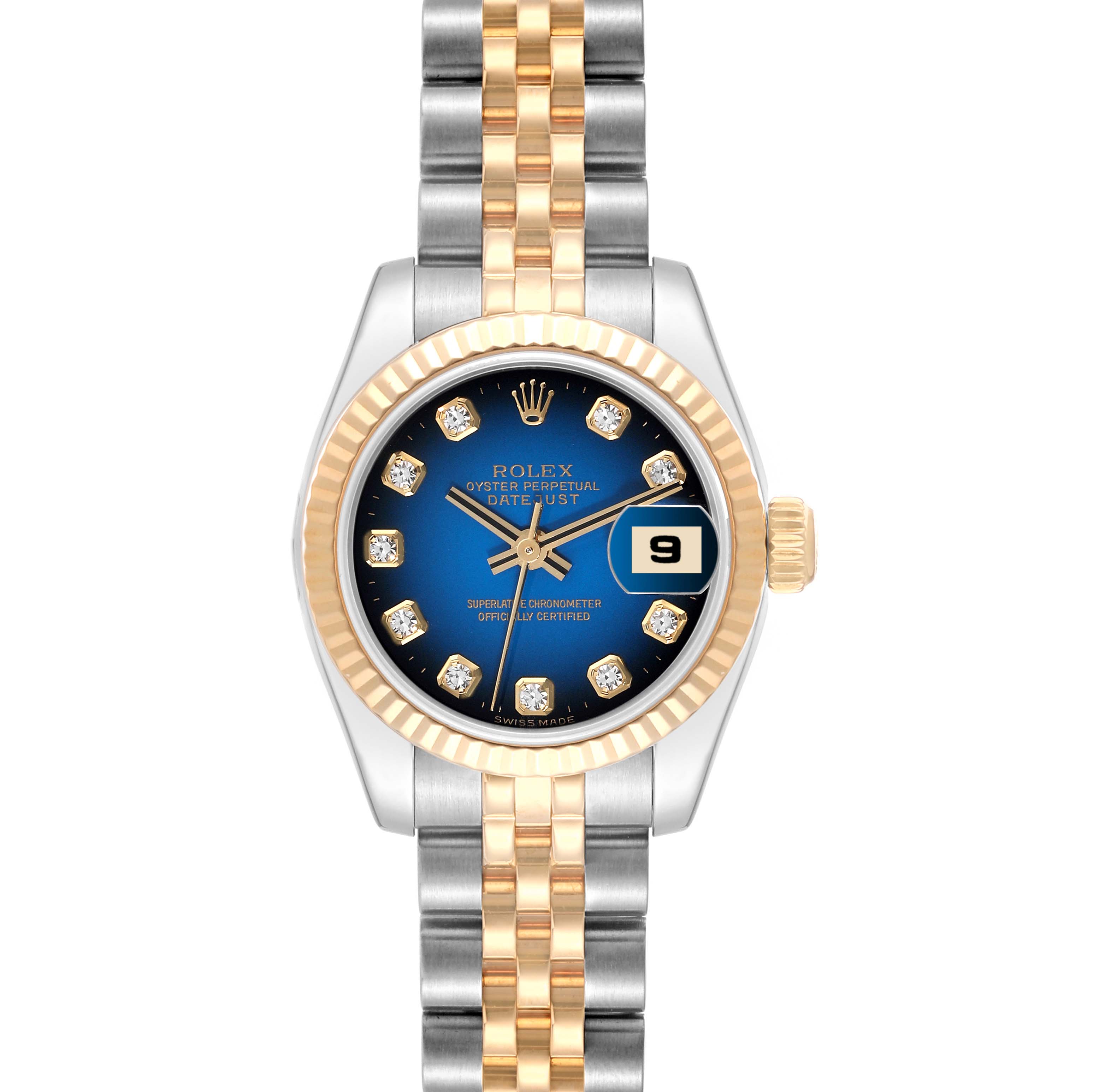 The image shows a Rolex Datejust 179173 Women's Steel and Gold (two tone) Blue Dial 179173 Women's Steel and Gold (two tone) Blue Dial watch from a vertical angle with a blue dial, diamond markers, and a two-tone bracelet.