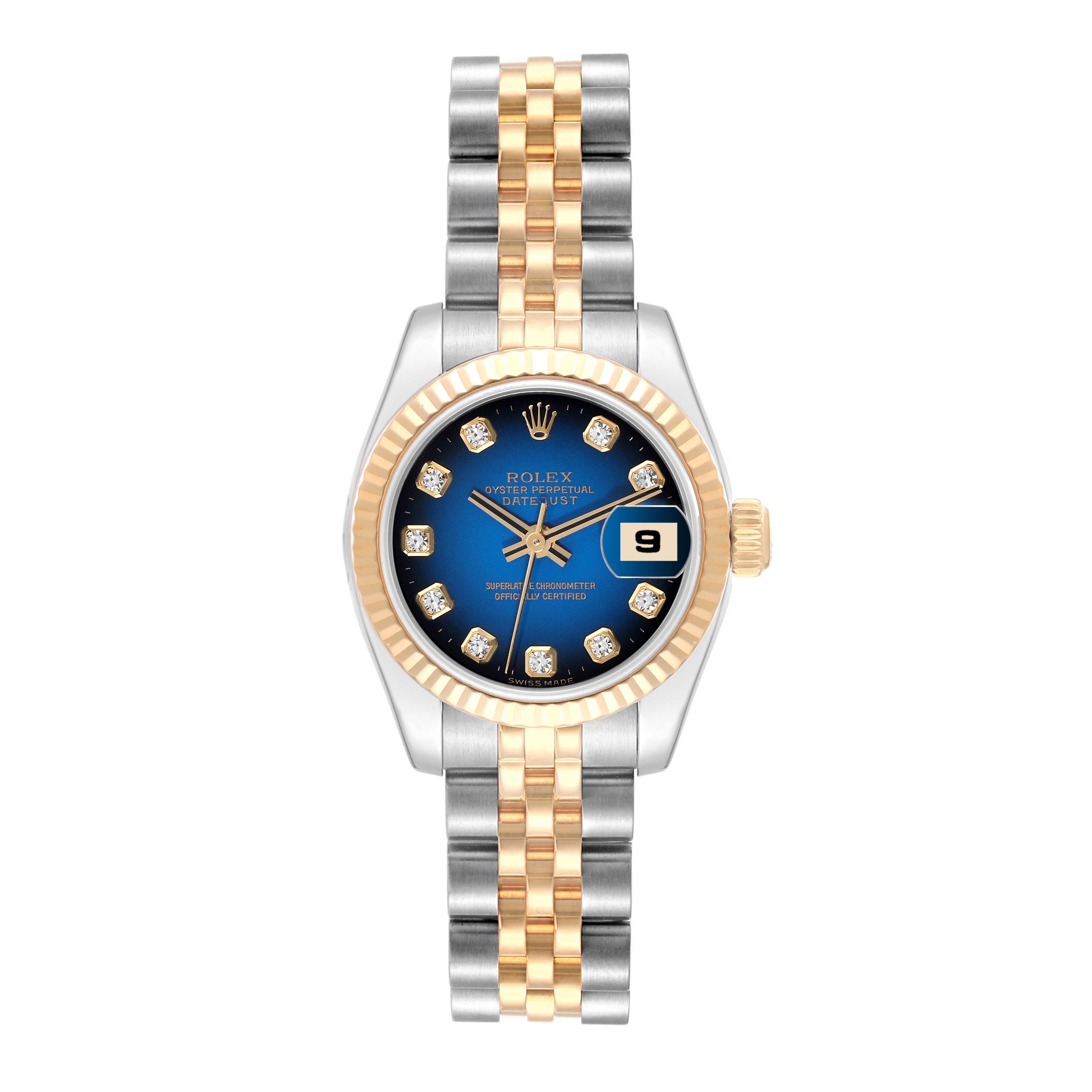 This Rolex Datejust 179173 Women's Steel and Gold (two tone) Blue Dial 179173 Women's Steel and Gold (two tone) Blue Dial watch is shown from the front, displaying the face, dial, and two-tone bracelet clearly.