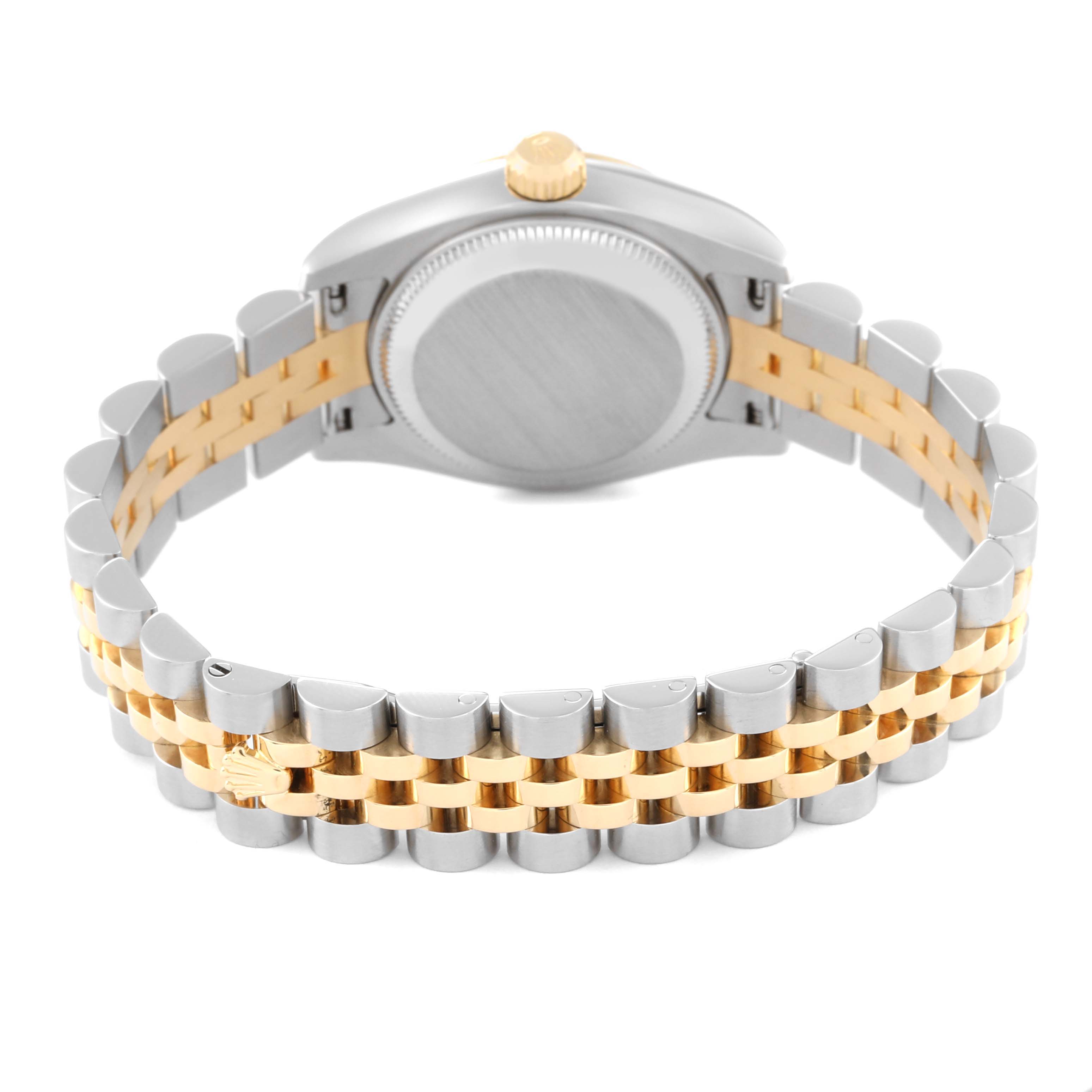 The image shows the back view of a Rolex Datejust 179173 Women's Steel and Gold (two tone) Blue Dial 179173 Women's Steel and Gold (two tone) Blue Dial watch, highlighting the bracelet and case back.