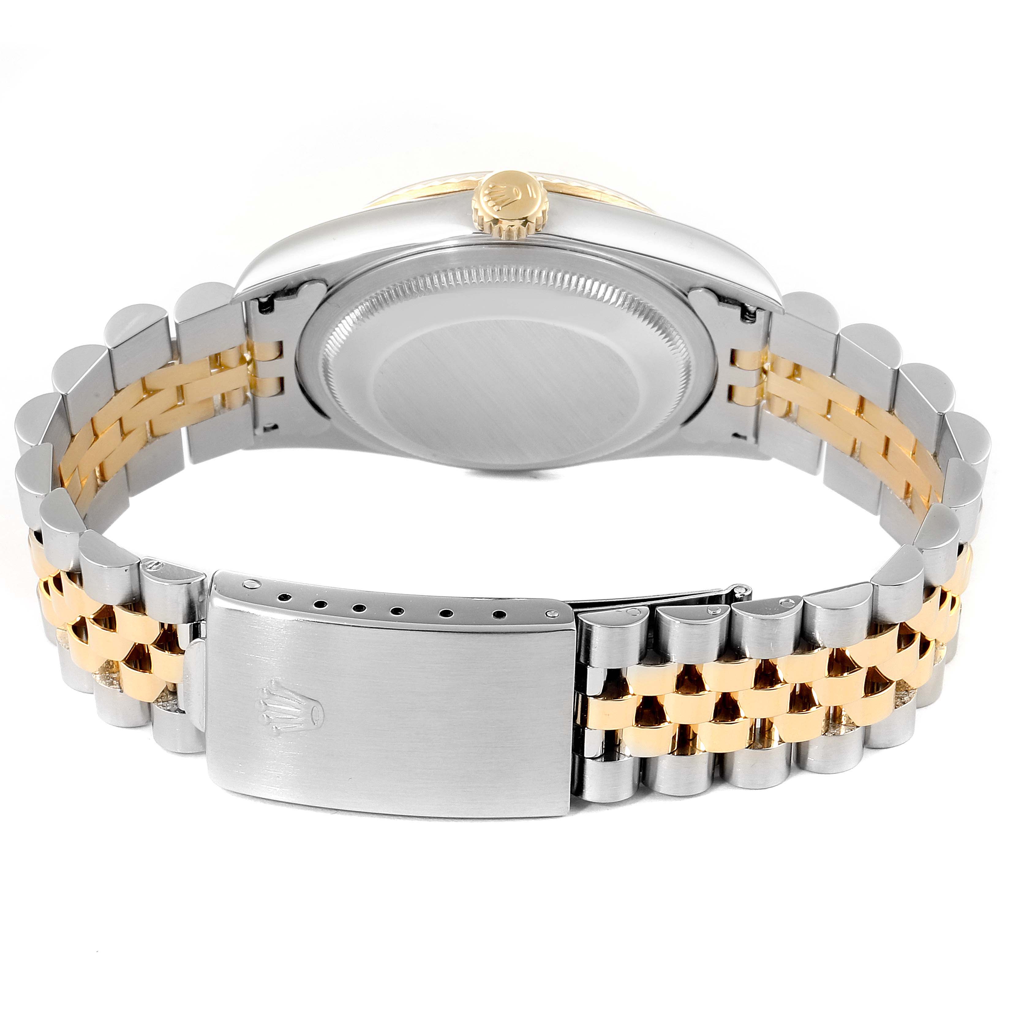 This image shows the back view of a Rolex Datejust 16233 Men
s Steel and Gold (two tone) Grey Dial 16233 Men
s Steel and Gold (two tone) Grey Dial watch, focusing on the caseback, crown, and two-tone bracelet with clasp.