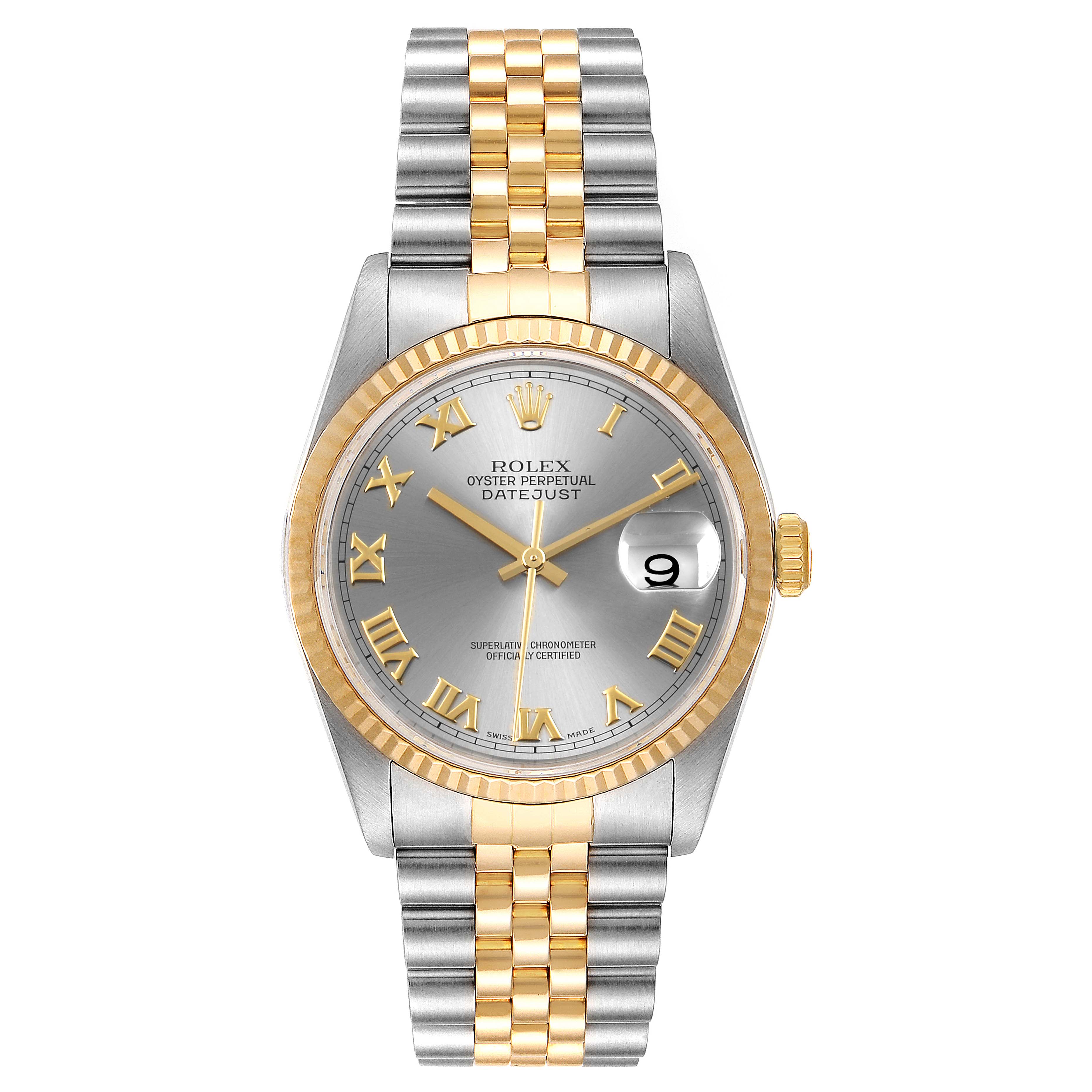 This image shows a front view of a Rolex Datejust 16233 Men
s Steel and Gold (two tone) Grey Dial 16233 Men
s Steel and Gold (two tone) Grey Dial watch, featuring a two-tone silver and gold bracelet, fluted bezel, and grey dial with Roman numerals.