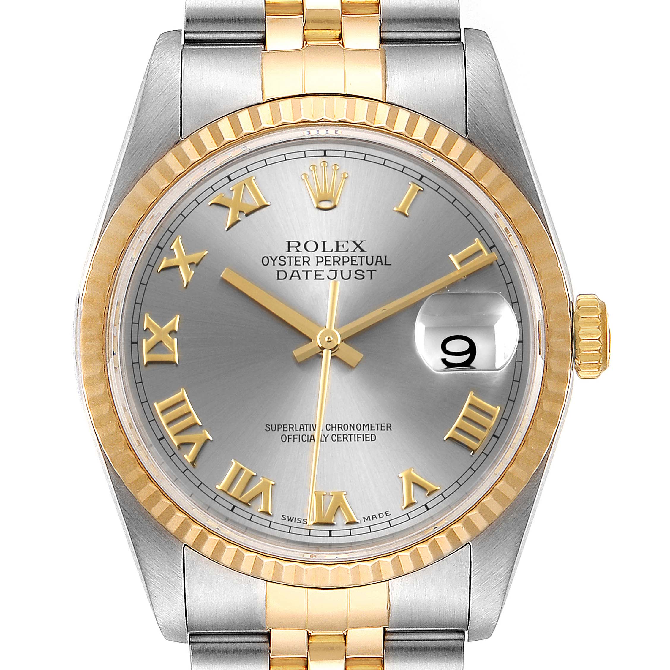 The image shows a Rolex Datejust 16233 Men
s Steel and Gold (two tone) Grey Dial 16233 Men
s Steel and Gold (two tone) Grey Dial watch
s face, bezel, and part of its bracelet from a front-facing angle.
