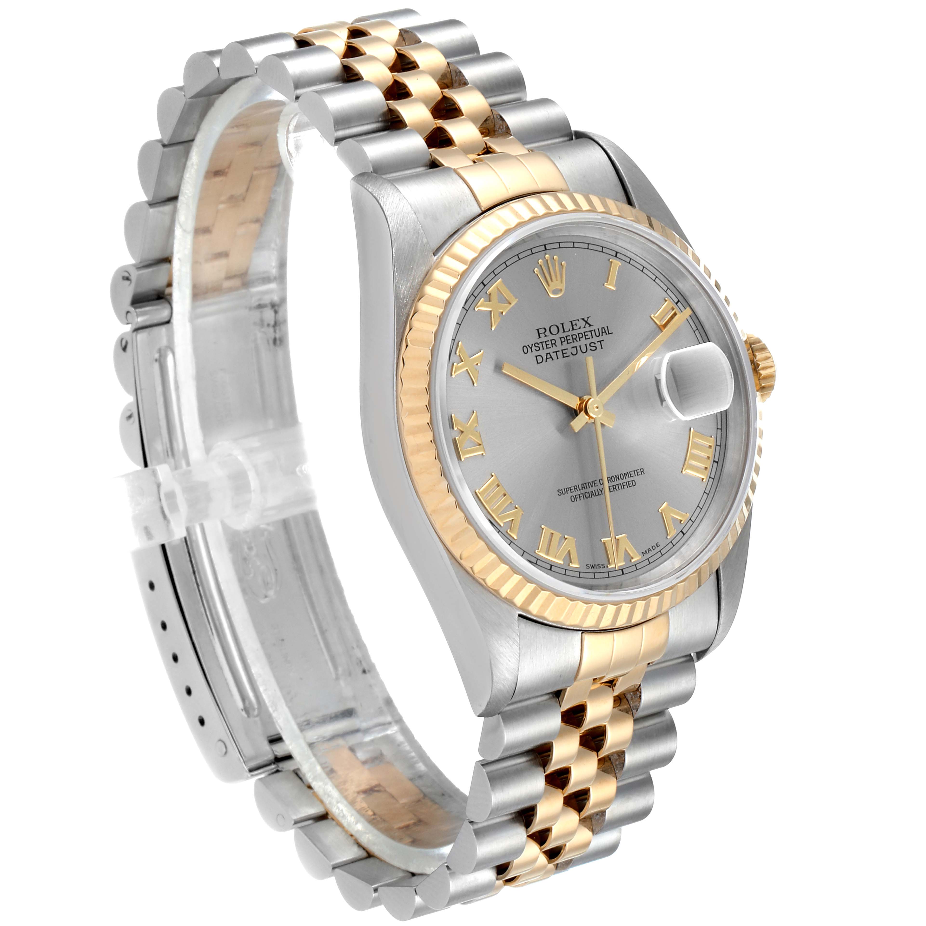 This image displays a Rolex Datejust 16233 Men
s Steel and Gold (two tone) Grey Dial 16233 Men
s Steel and Gold (two tone) Grey Dial watch with a silver and gold Jubilee bracelet, angled to show its face and part of the band.