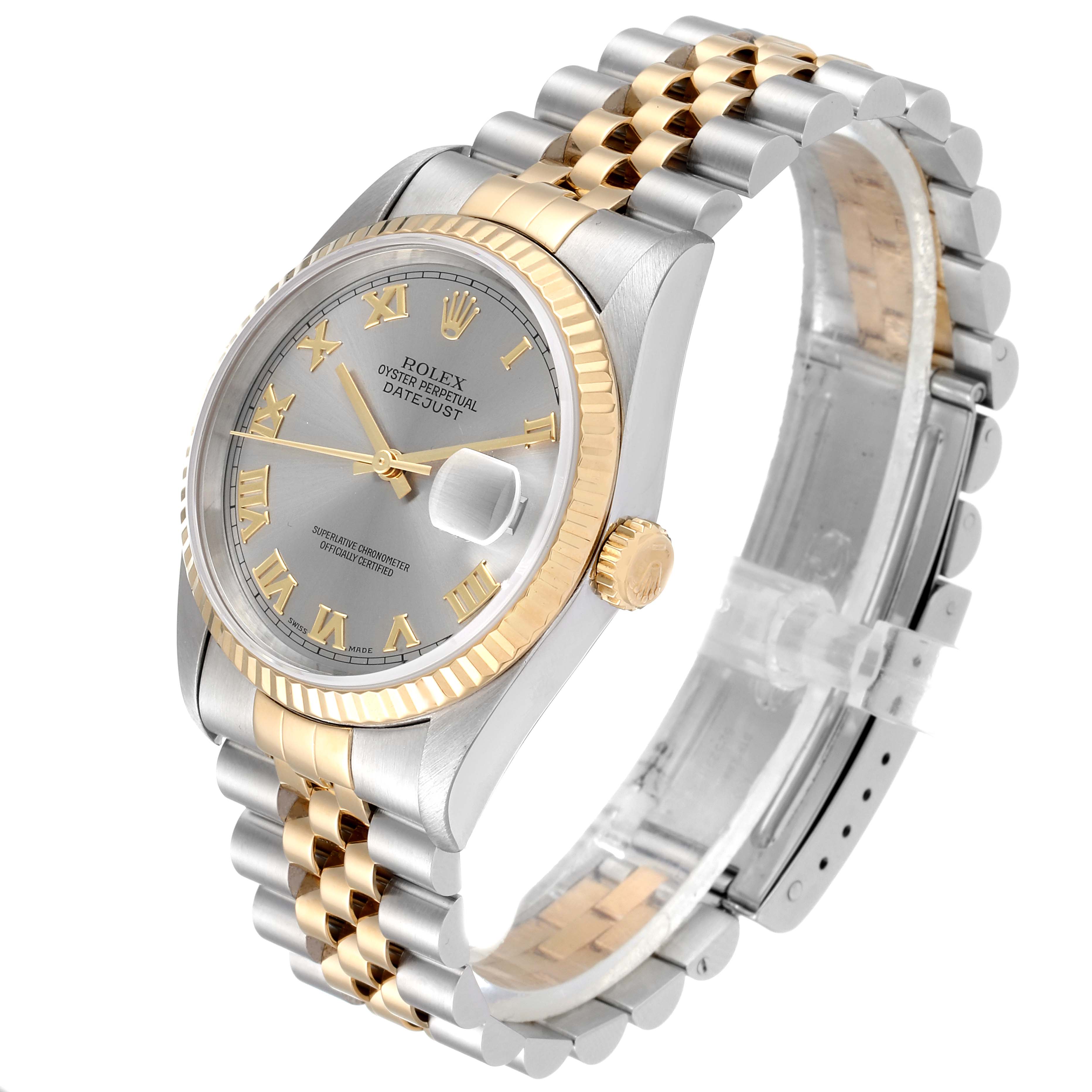 This Rolex Datejust 16233 Men
s Steel and Gold (two tone) Grey Dial 16233 Men
s Steel and Gold (two tone) Grey Dial watch is shown at an angle, highlighting the two-tone bracelet, bezel, and dial with Roman numerals.