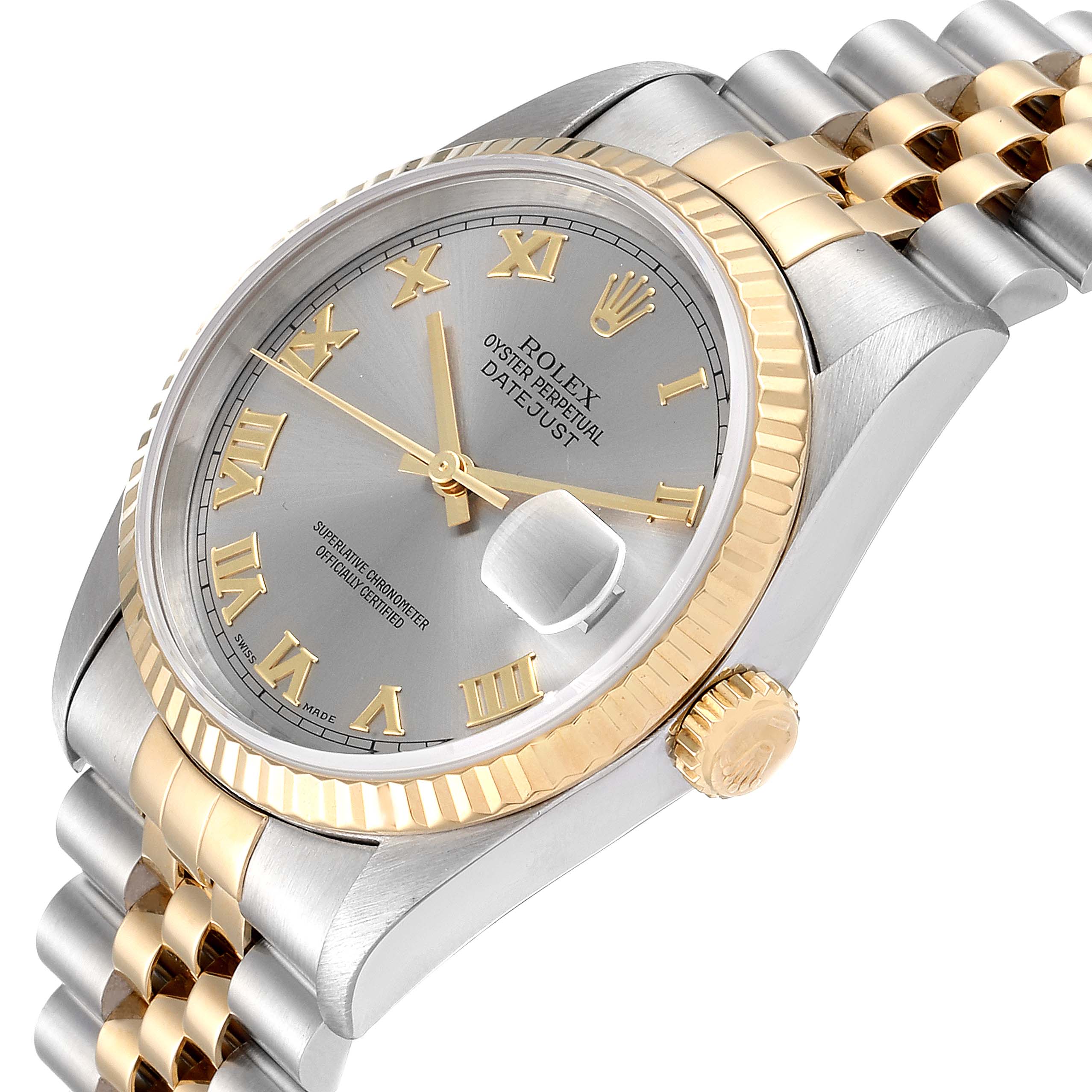 The Rolex Datejust 16233 Men
s Steel and Gold (two tone) Grey Dial 16233 Men
s Steel and Gold (two tone) Grey Dial watch is shown at an angled view, displaying the dial, bezel, crown, and part of the bracelet.