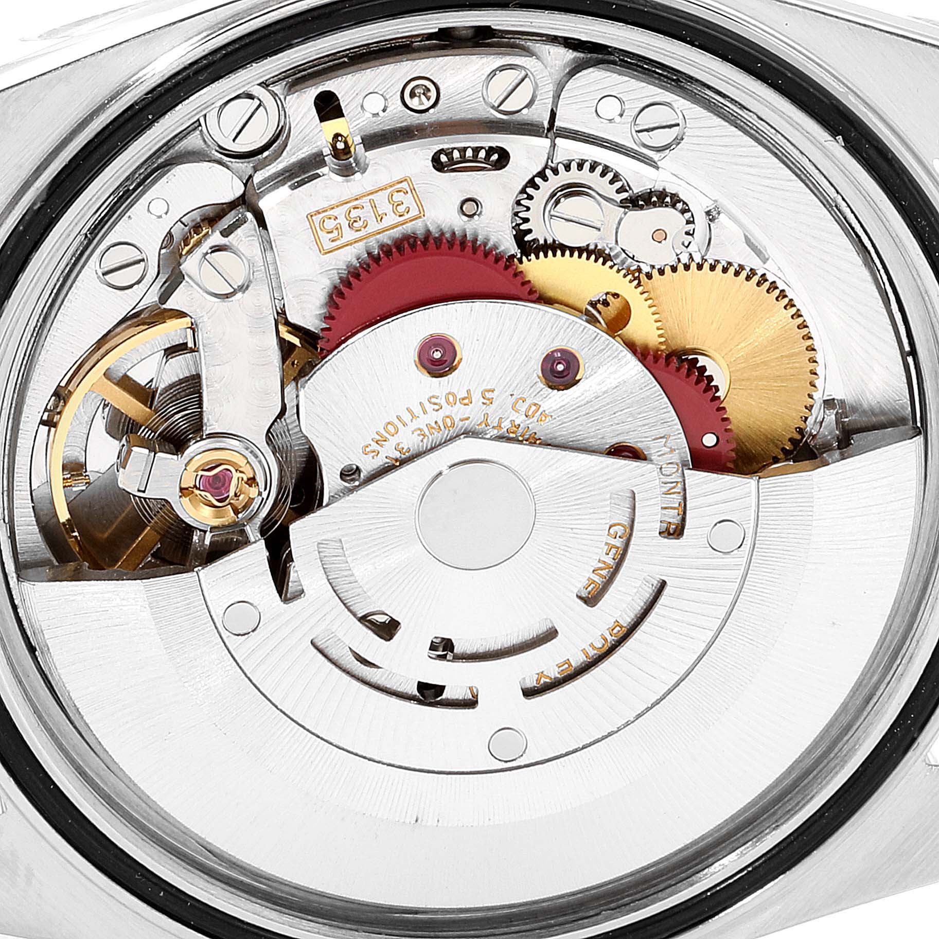 The image shows the internal movement mechanisms of a Rolex Datejust 16233 Men
s Steel and Gold (two tone) Grey Dial 16233 Men
s Steel and Gold (two tone) Grey Dial watch from a top-down angle.
