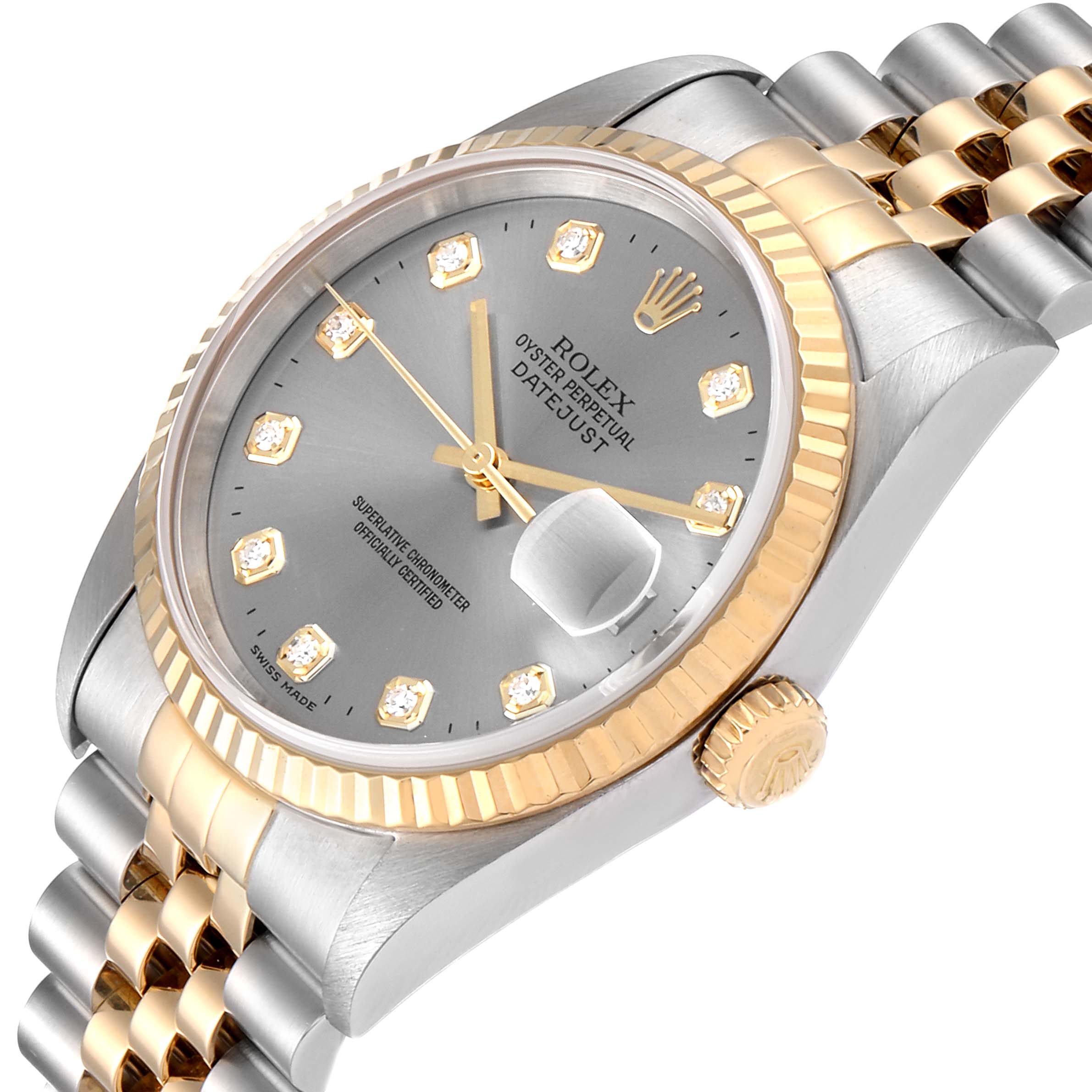 This is a Rolex Datejust 16233 Men
s Steel and Gold (two tone) Grey Dial 16233 Men
s Steel and Gold (two tone) Grey Dial watch shown from a three-quarter angle, displaying the dial, crown, bezel, and bracelet.