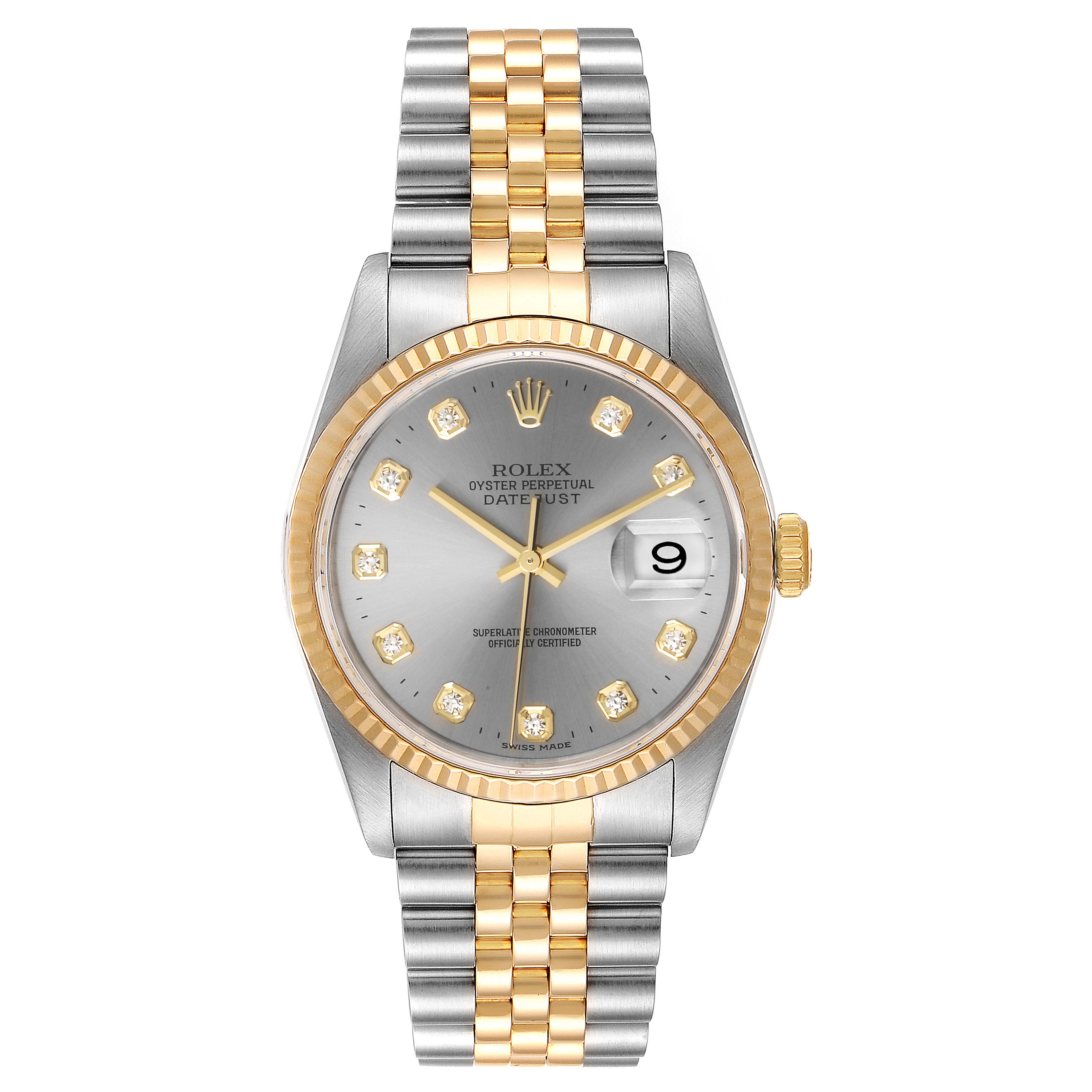 The image shows a front view of a Rolex Datejust 16233 Men
s Steel and Gold (two tone) Grey Dial 16233 Men
s Steel and Gold (two tone) Grey Dial watch with a two-tone metal bracelet and diamond hour markers.
