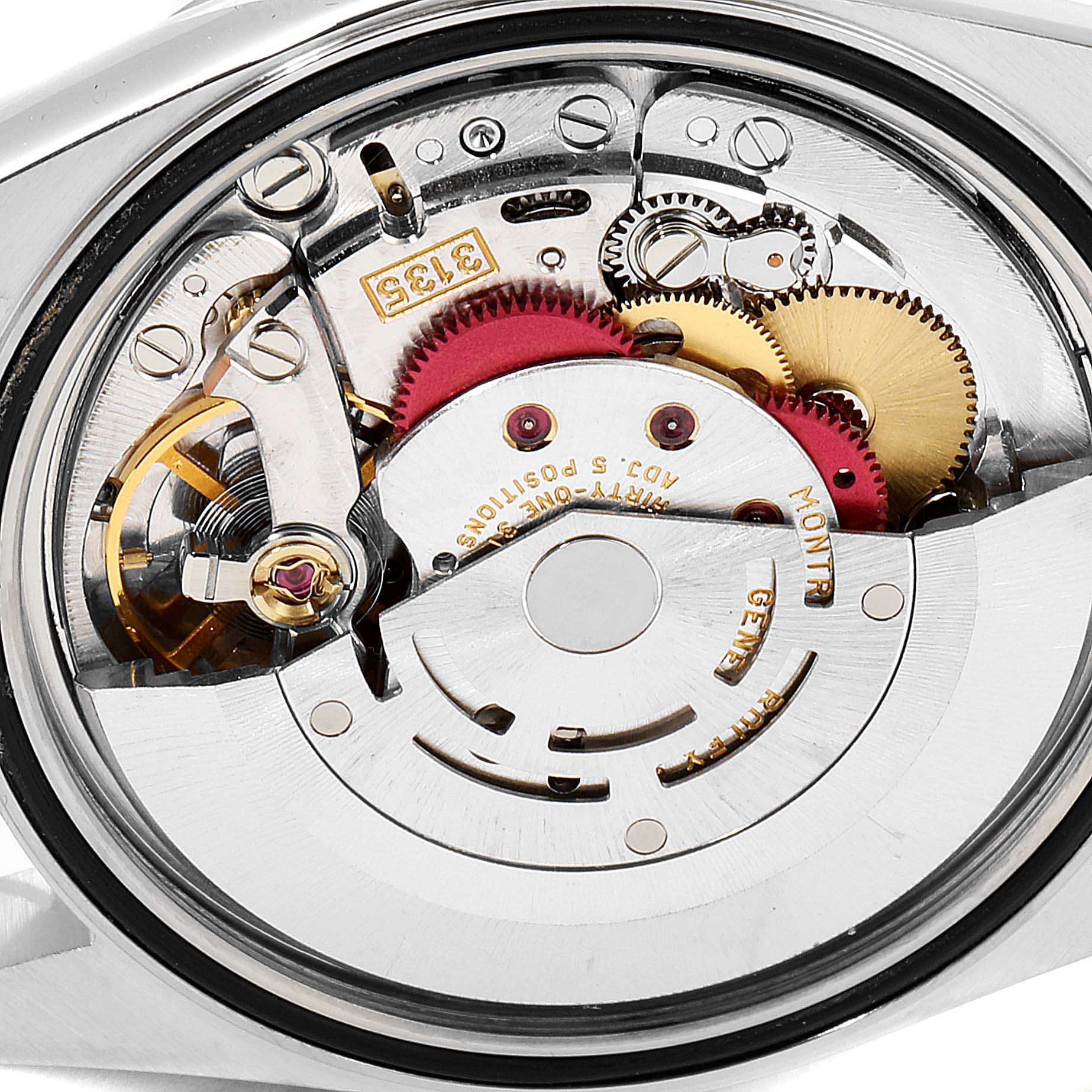 This image shows the inner mechanism and movement of a Rolex Datejust 16233 Men
s Steel and Gold (two tone) Grey Dial 16233 Men
s Steel and Gold (two tone) Grey Dial watch from a back view.