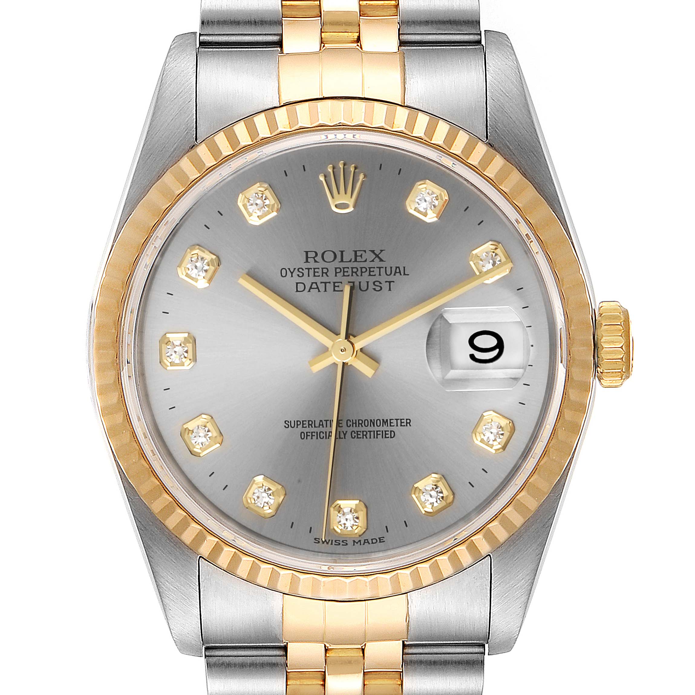 This image shows a front view of a Rolex Datejust 16233 Men
s Steel and Gold (two tone) Grey Dial 16233 Men
s Steel and Gold (two tone) Grey Dial watch displaying the dial, bezel, and part of the bracelet.