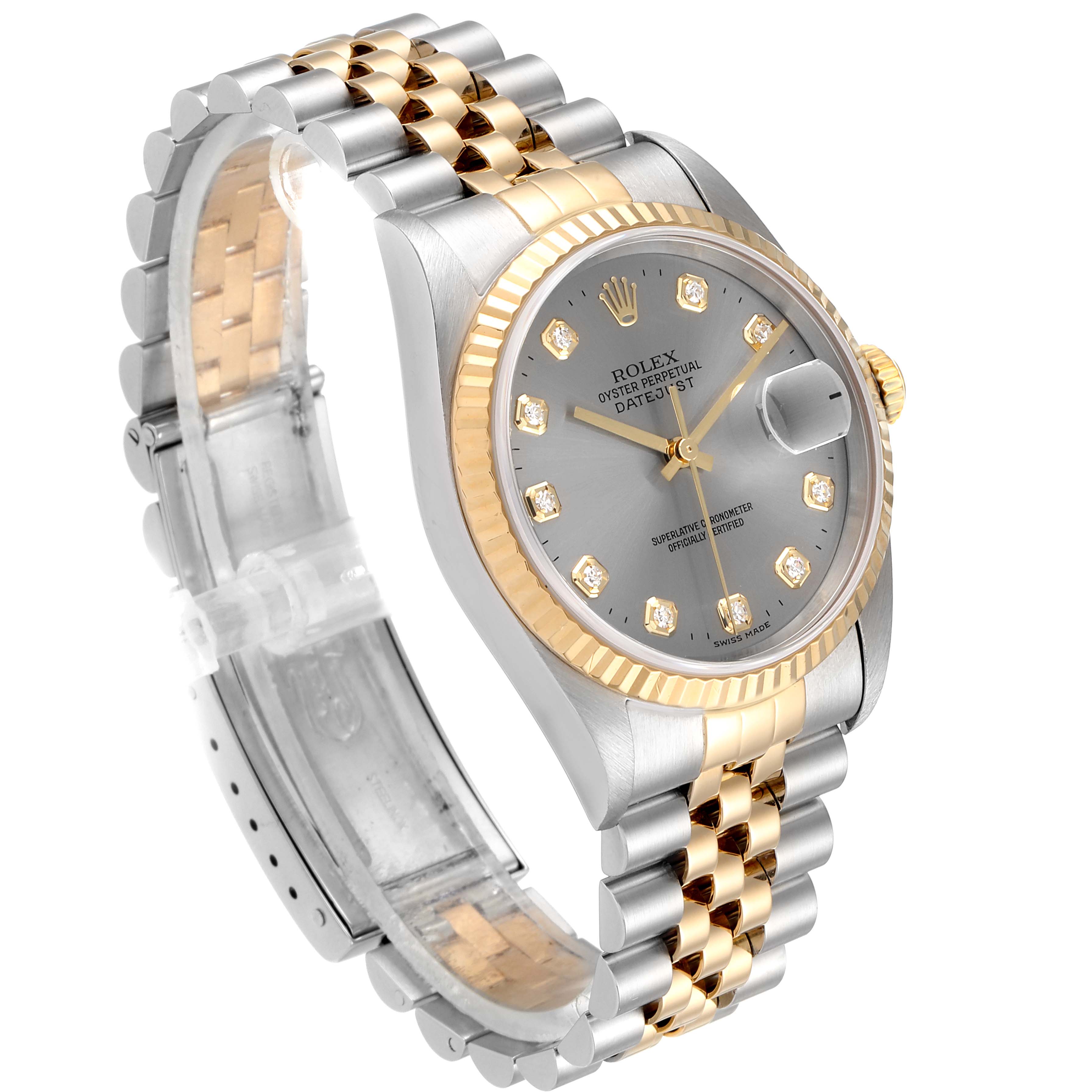 This Rolex Datejust 16233 Men
s Steel and Gold (two tone) Grey Dial 16233 Men
s Steel and Gold (two tone) Grey Dial model watch is shown at an angle highlighting its dial, bezel, and two-tone bracelet.