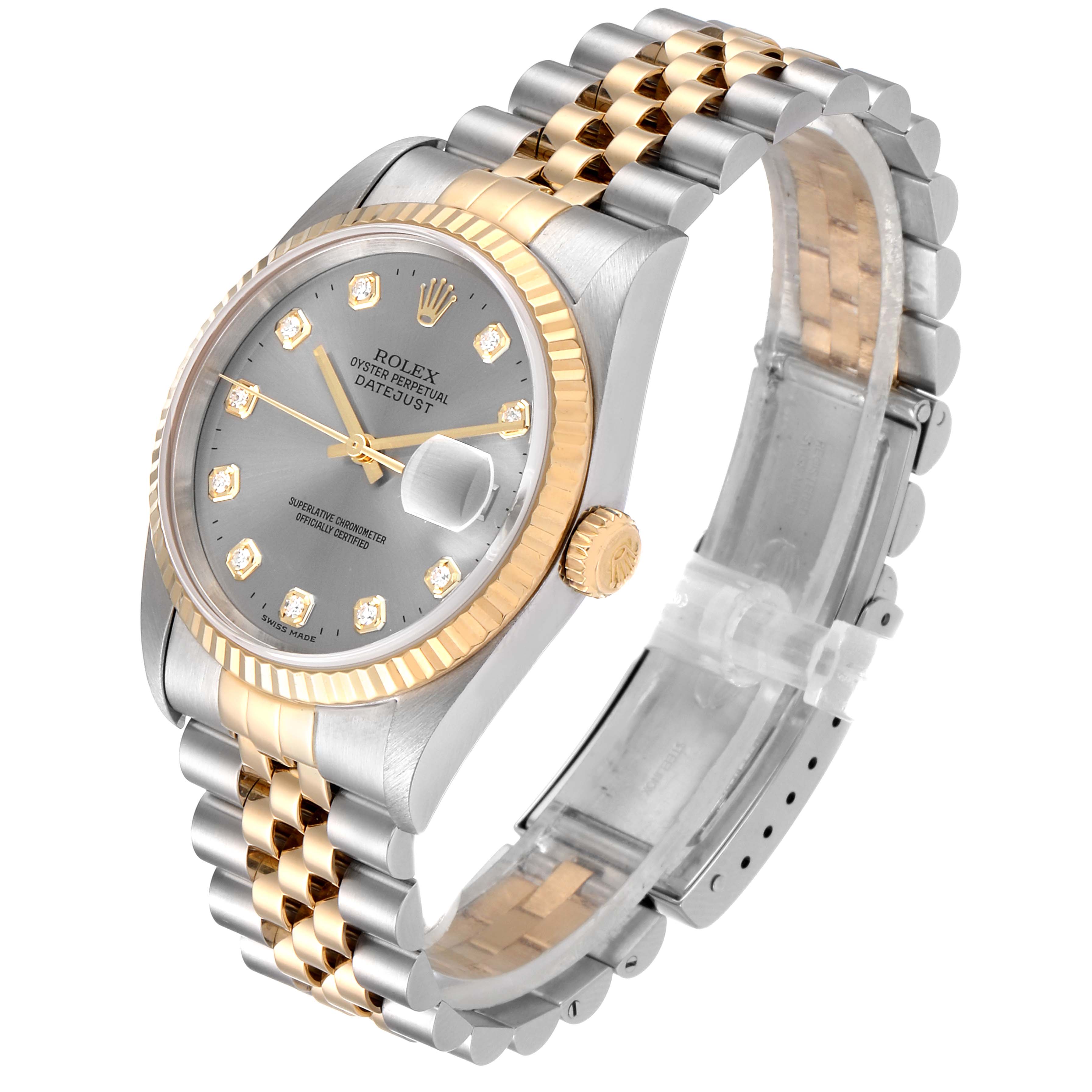 This image shows a Rolex Datejust 16233 Men
s Steel and Gold (two tone) Grey Dial 16233 Men
s Steel and Gold (two tone) Grey Dial watch at a front-side angle, featuring its face, bracelet, and crown.