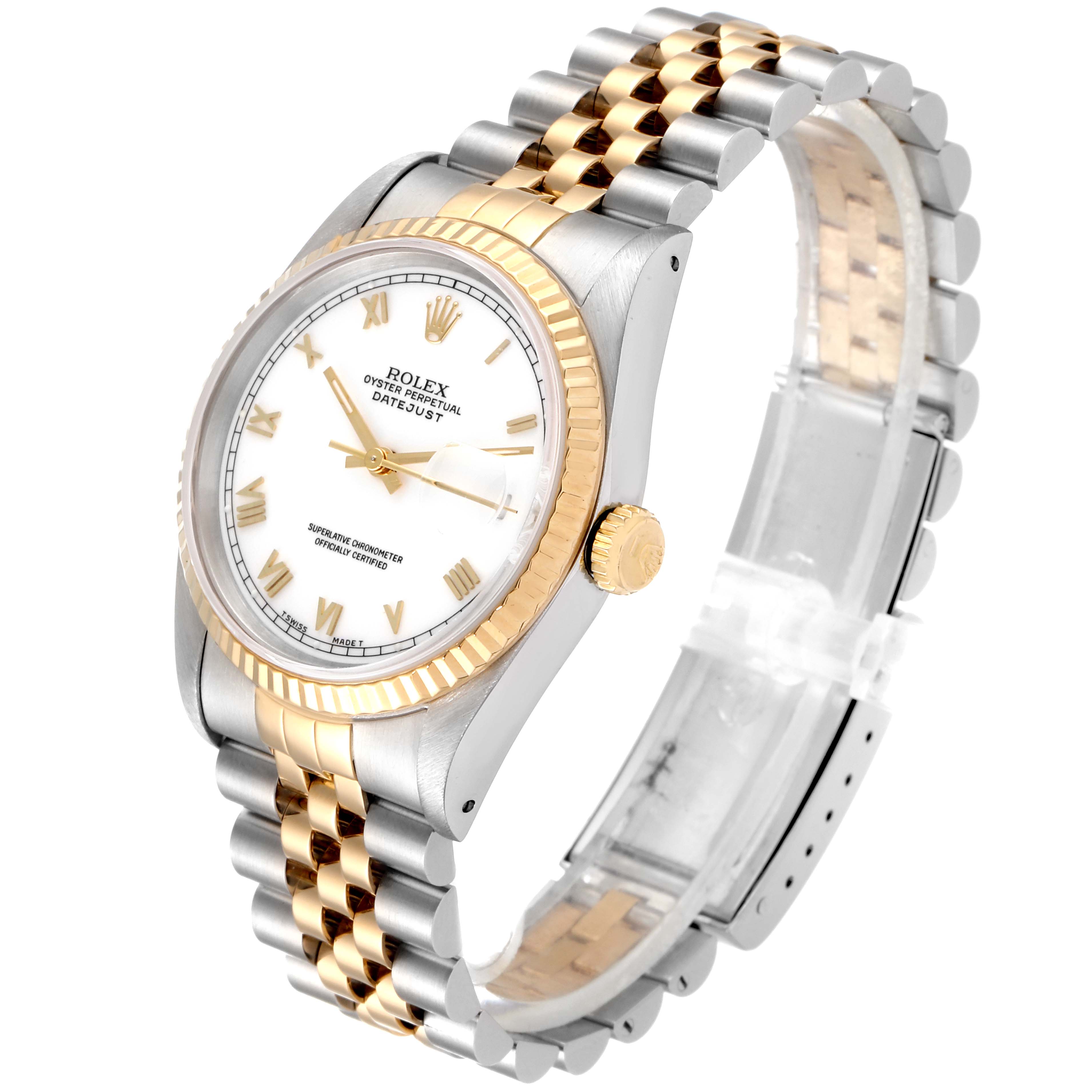 This image shows a Rolex Datejust 16233 Men's Steel and Gold (two tone) White Dial 16233 Men's Steel and Gold (two tone) White Dial watch at a slight angle, highlighting the dial, bezel, crown, and part of the bracelet.
