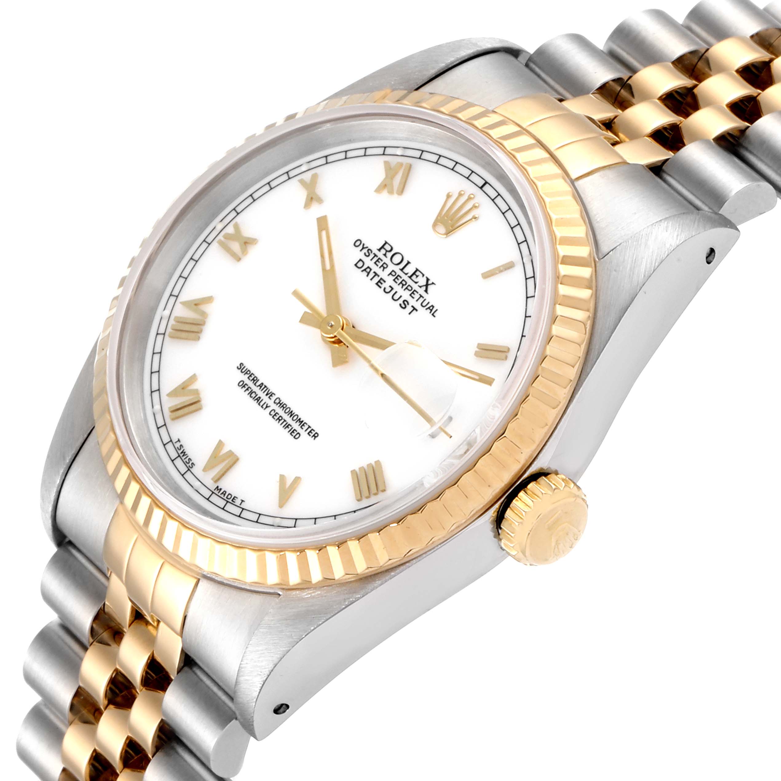 This image shows the Rolex Datejust 16233 Men's Steel and Gold (two tone) White Dial 16233 Men's Steel and Gold (two tone) White Dial watch at a close-up angle, highlighting the face, bezel, crown, and part of the bracelet.