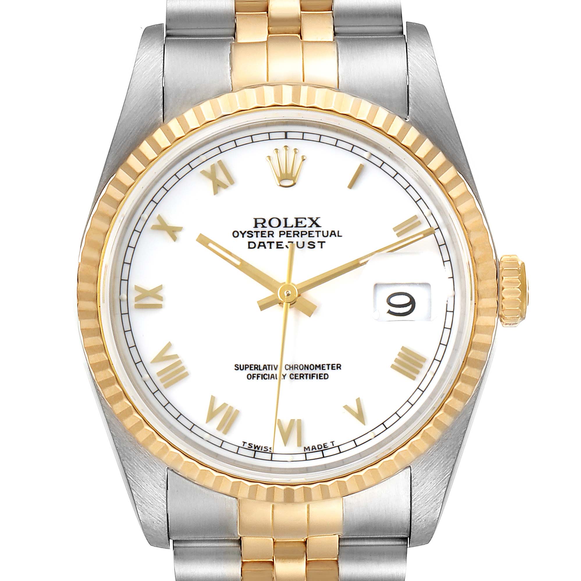 This image shows a close-up of the Rolex Datejust 16233 Men's Steel and Gold (two tone) White Dial 16233 Men's Steel and Gold (two tone) White Dial watch face and part of the bracelet, highlighting its two-tone design.