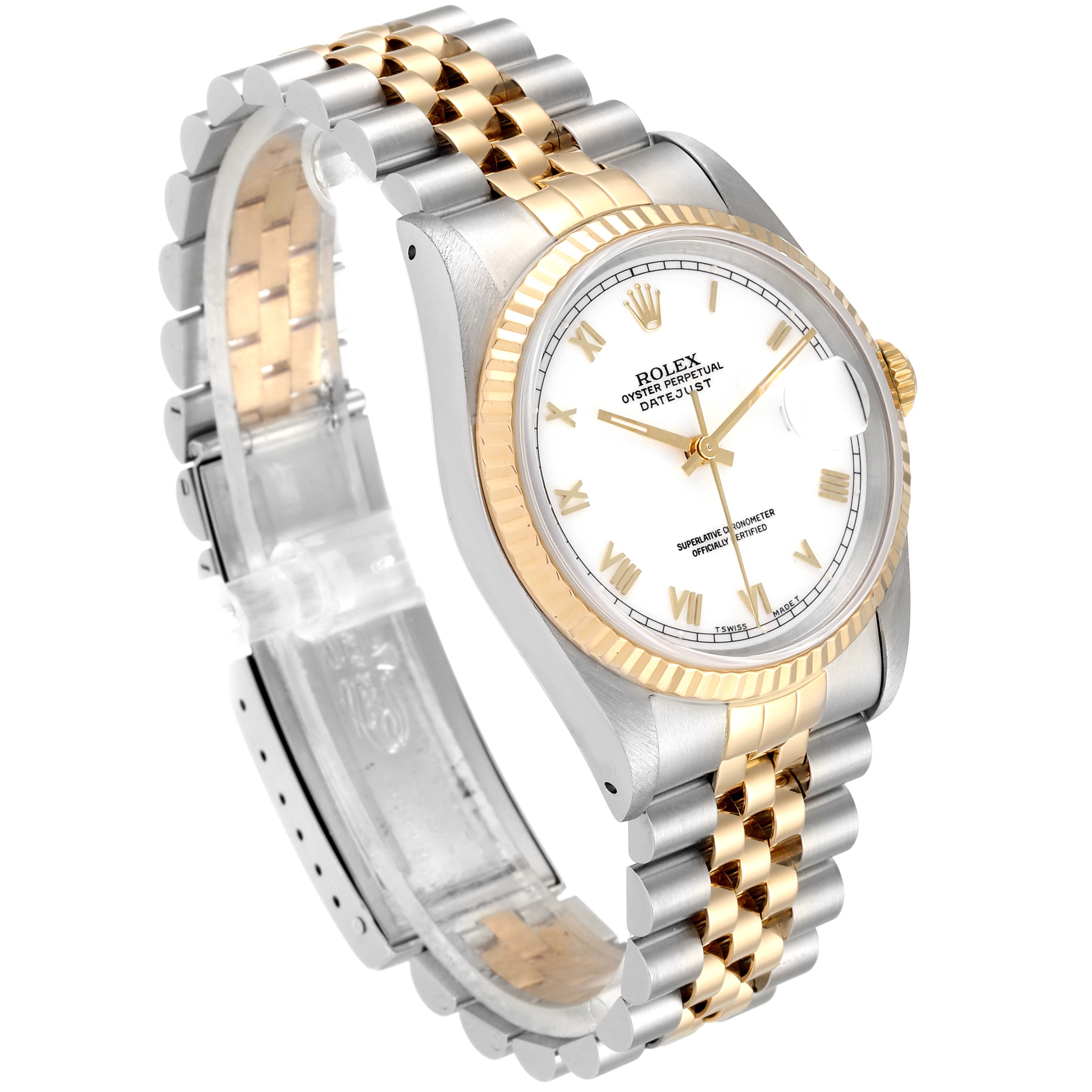 The Rolex Datejust 16233 Men's Steel and Gold (two tone) White Dial 16233 Men's Steel and Gold (two tone) White Dial watch is shown at an angle displaying the face, bezel, crown, and part of the two-tone bracelet.