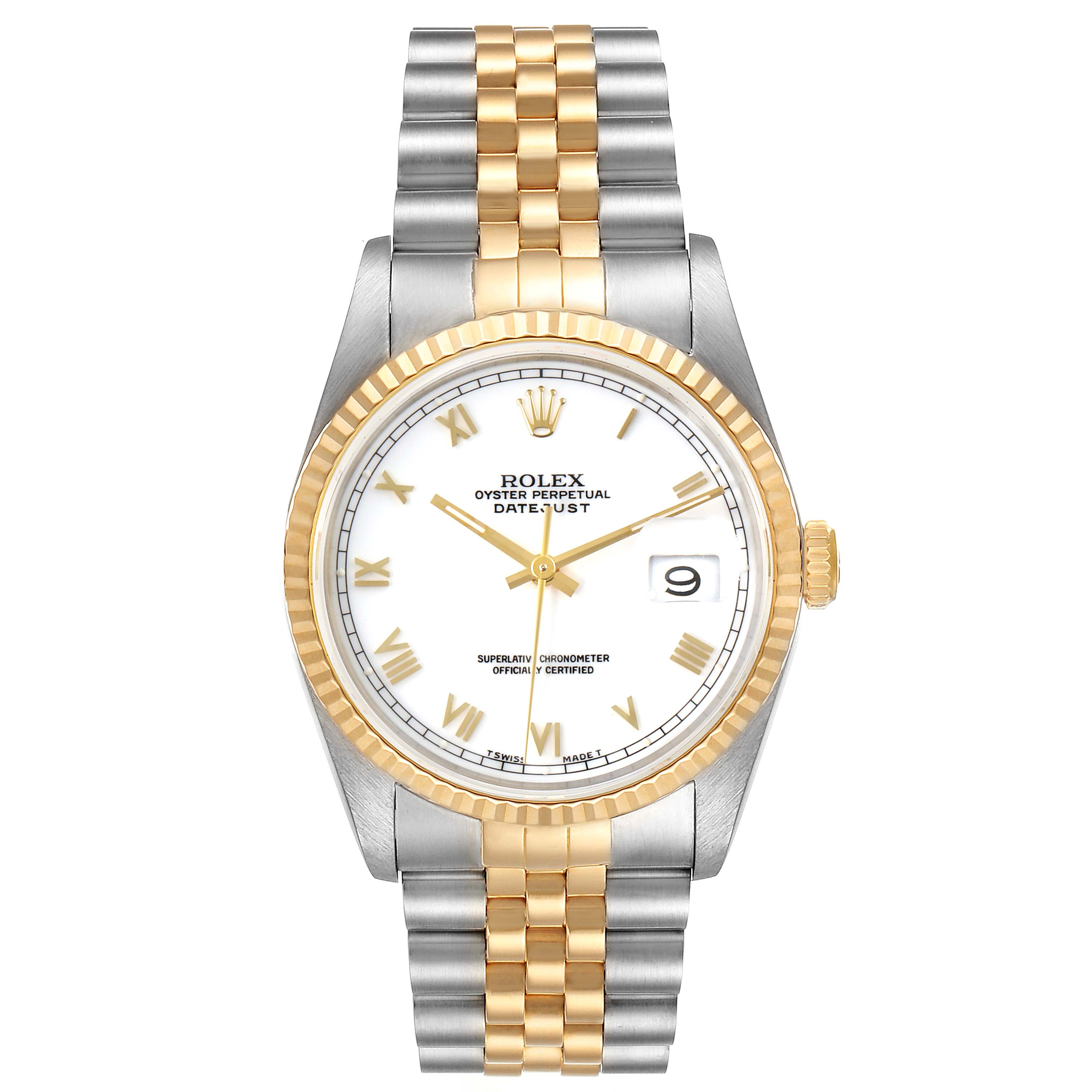 This image shows a frontal view of a Rolex Datejust 16233 Men's Steel and Gold (two tone) White Dial 16233 Men's Steel and Gold (two tone) White Dial watch with a two-tone jubilee bracelet and fluted bezel.