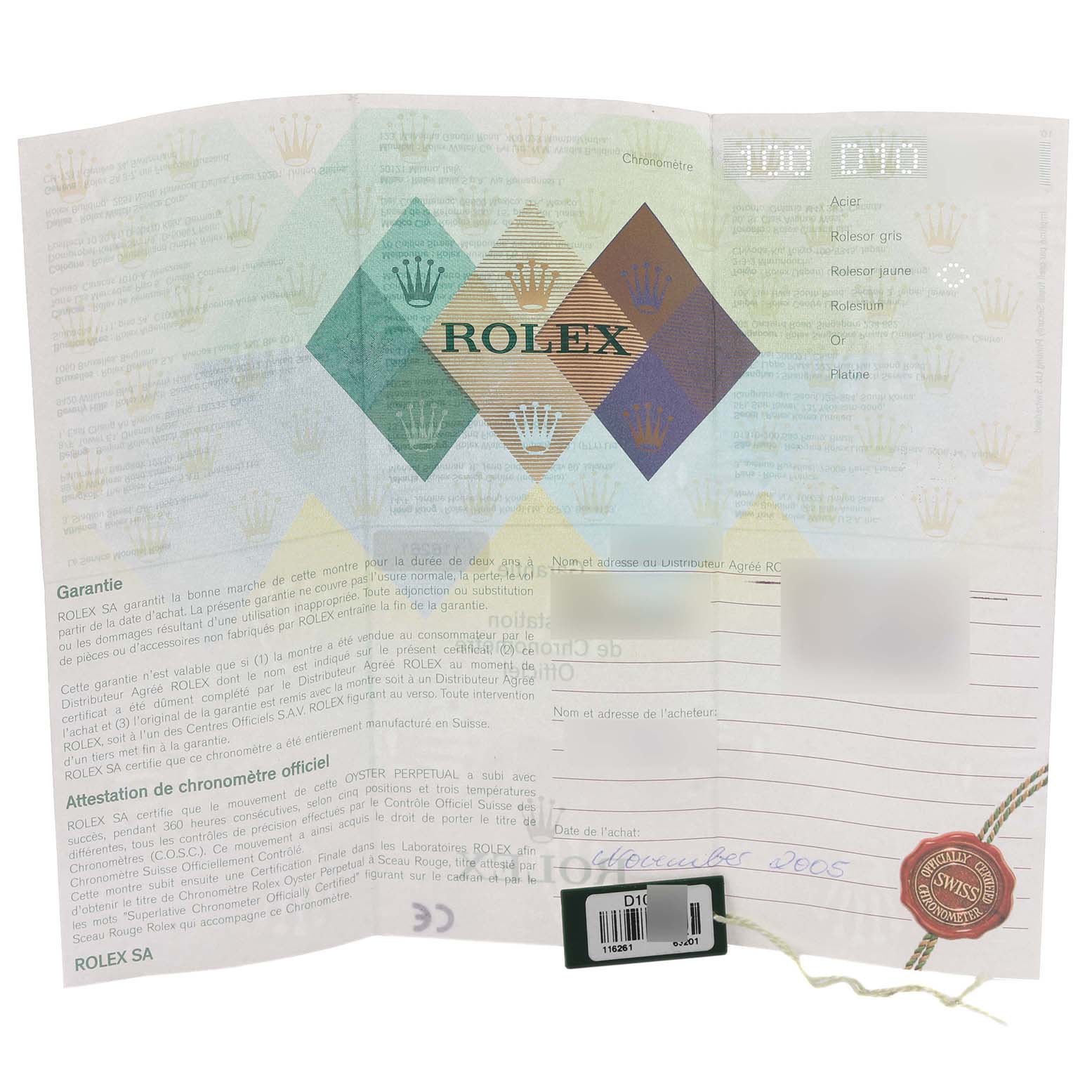 The image shows a Rolex Turn-o-Graph 116261 Men's Steel and Gold (two tone) Black Dial 116261 Men's Steel and Gold (two tone) Black Dial warranty paper with brand logos and purchase details visible.